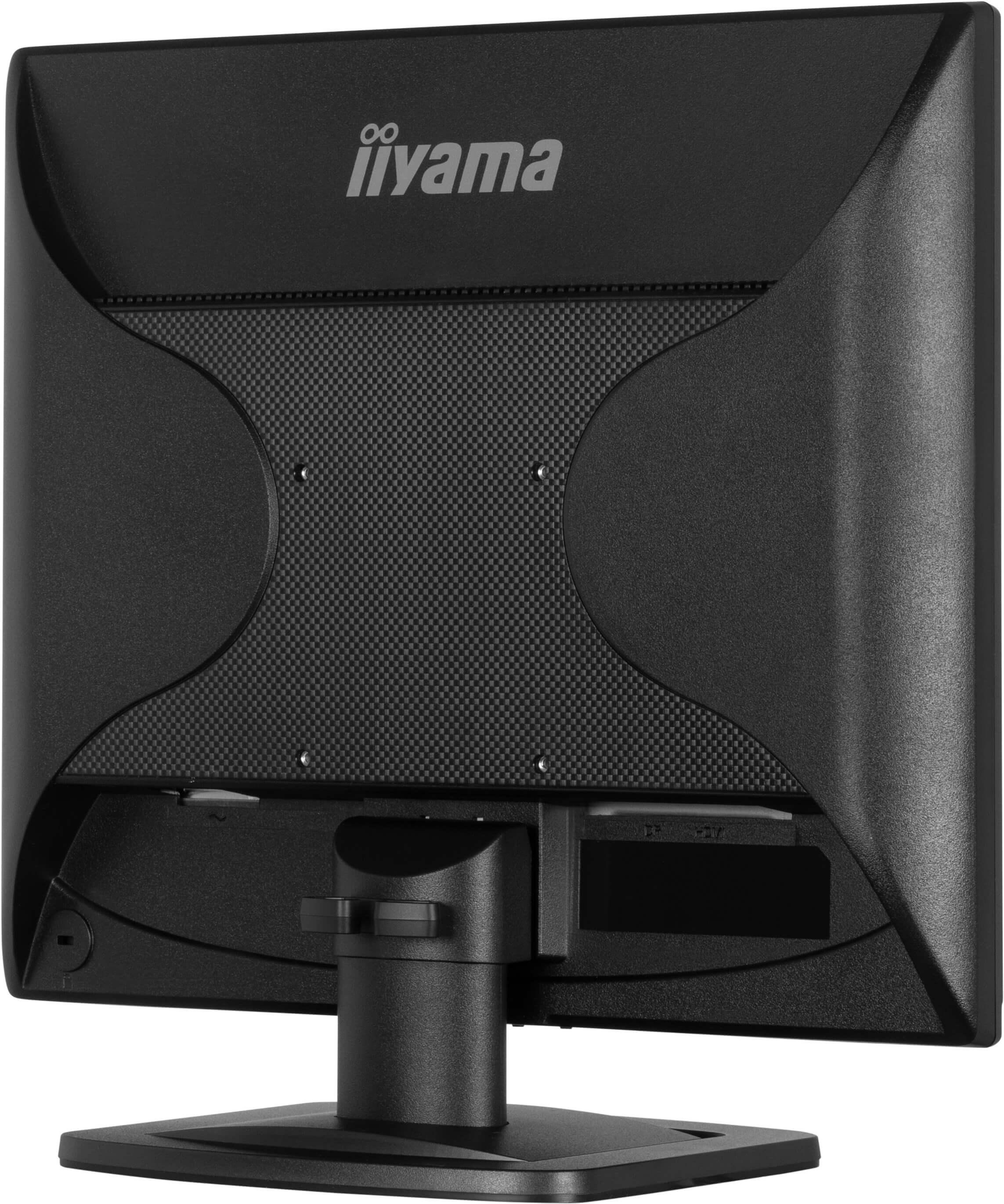 Rückseite eines schwarzen iiyama Monitors mit Anschlussfeldern und Carbon-Muster.
