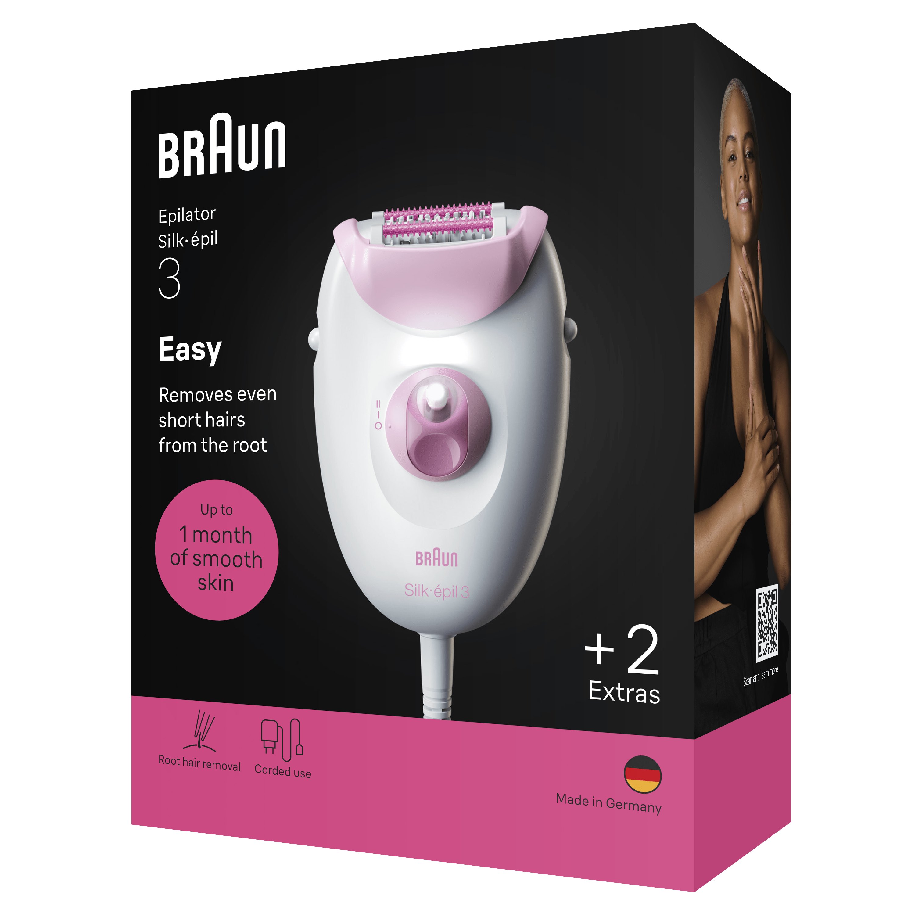 Depiladora Braun Silk-épil 3: Blanca/rosa, con 2 extras. Hecho en Alemania.