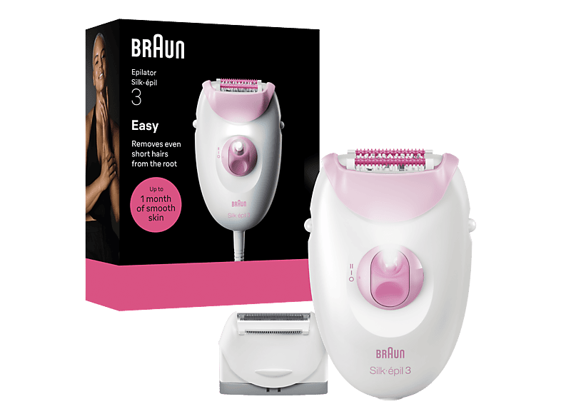 Depiladora - Braun Silk·épil 3 3-031, de arranque con cable, Piel suave duradera, Cabezal rasuradora, Rosa