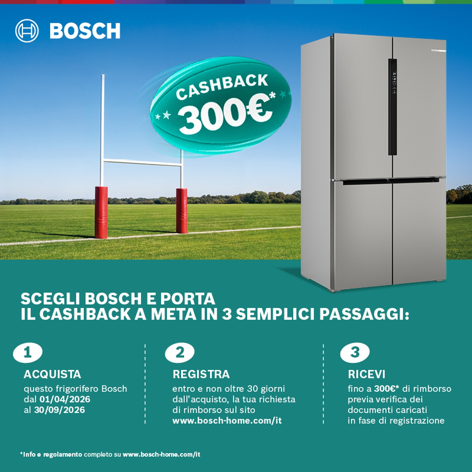 Frigorifero Bosch con cashback di 300€ davanti a un campo da rugby.