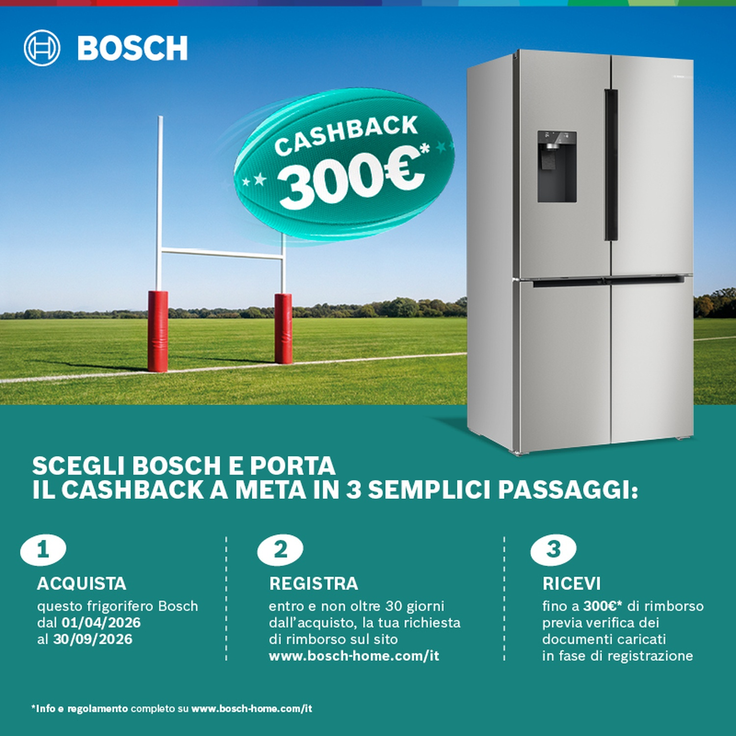 Frigorifero Bosch con cashback 300€. Campo da rugby con pali della porta sullo sfondo.