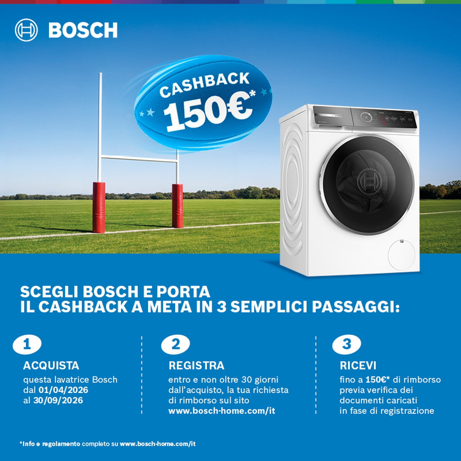 Lavatrice Bosch con cashback di 150€ su un campo da rugby.