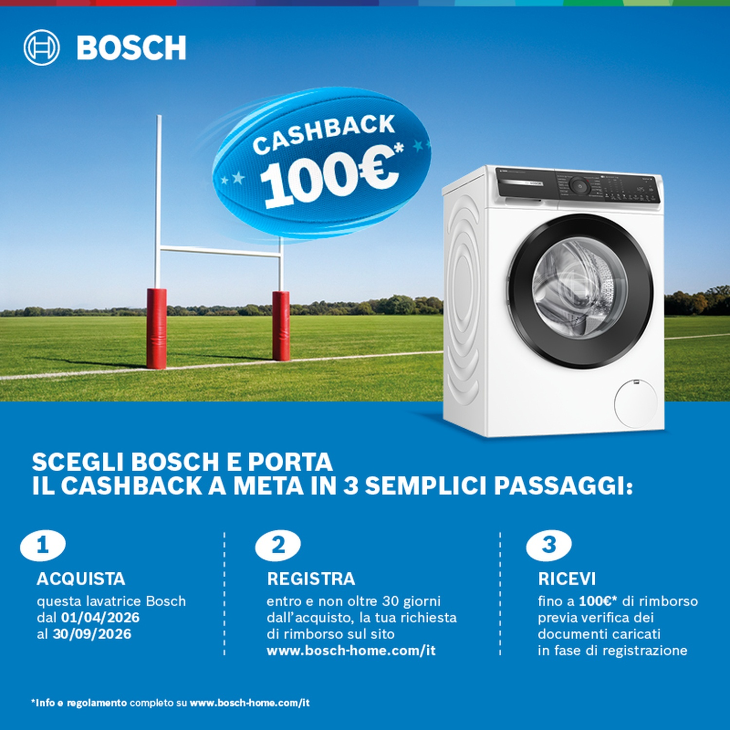 Lavatrice Bosch con cashback 100€ su campo da rugby