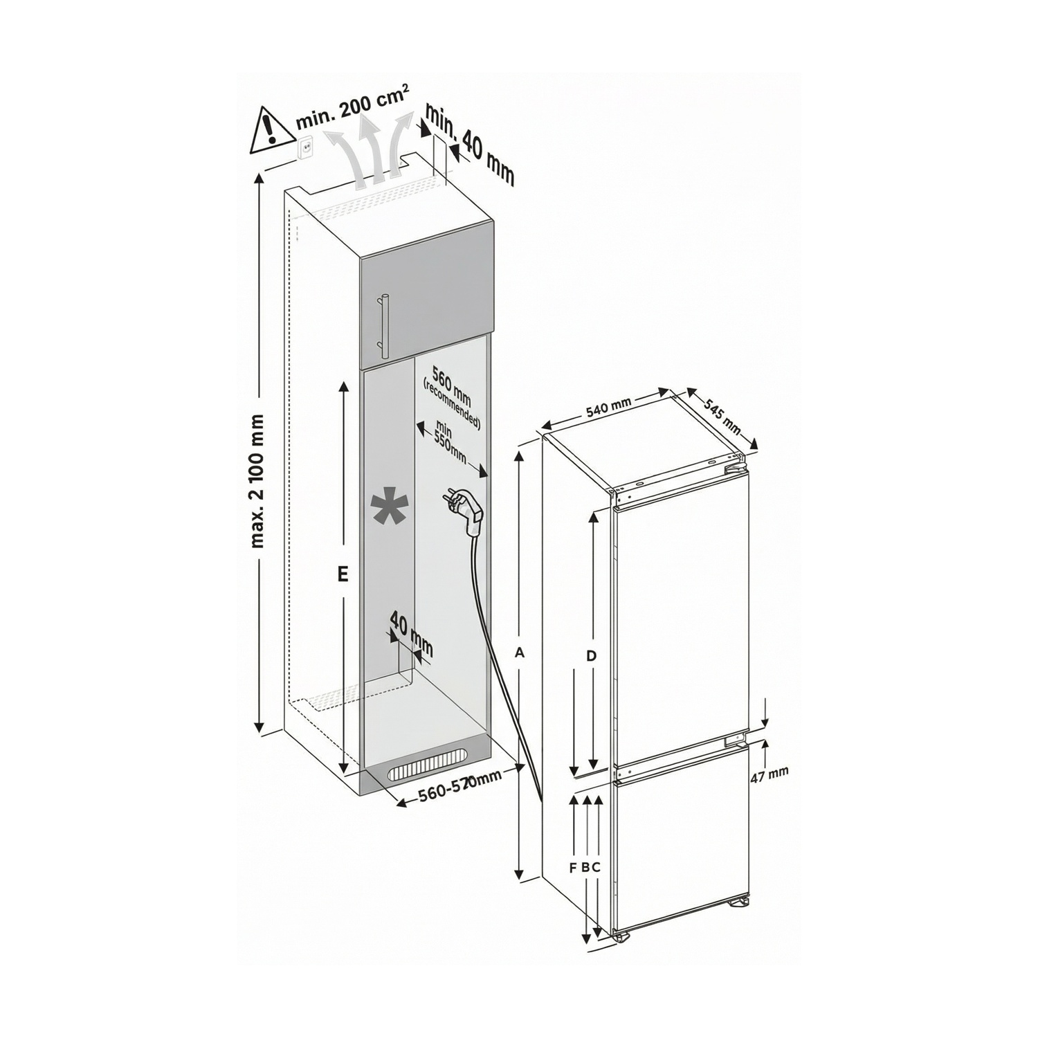 Disegno tecnico di un frigorifero con dimensioni e requisiti di ventilazione.