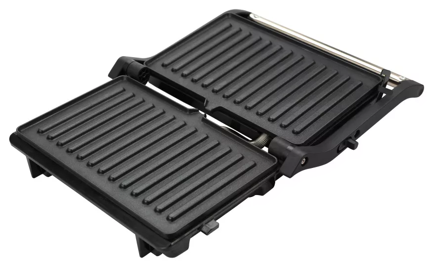 Egy nyitott, fekete kontaktgrill bordázott fűtőlemezekkel.