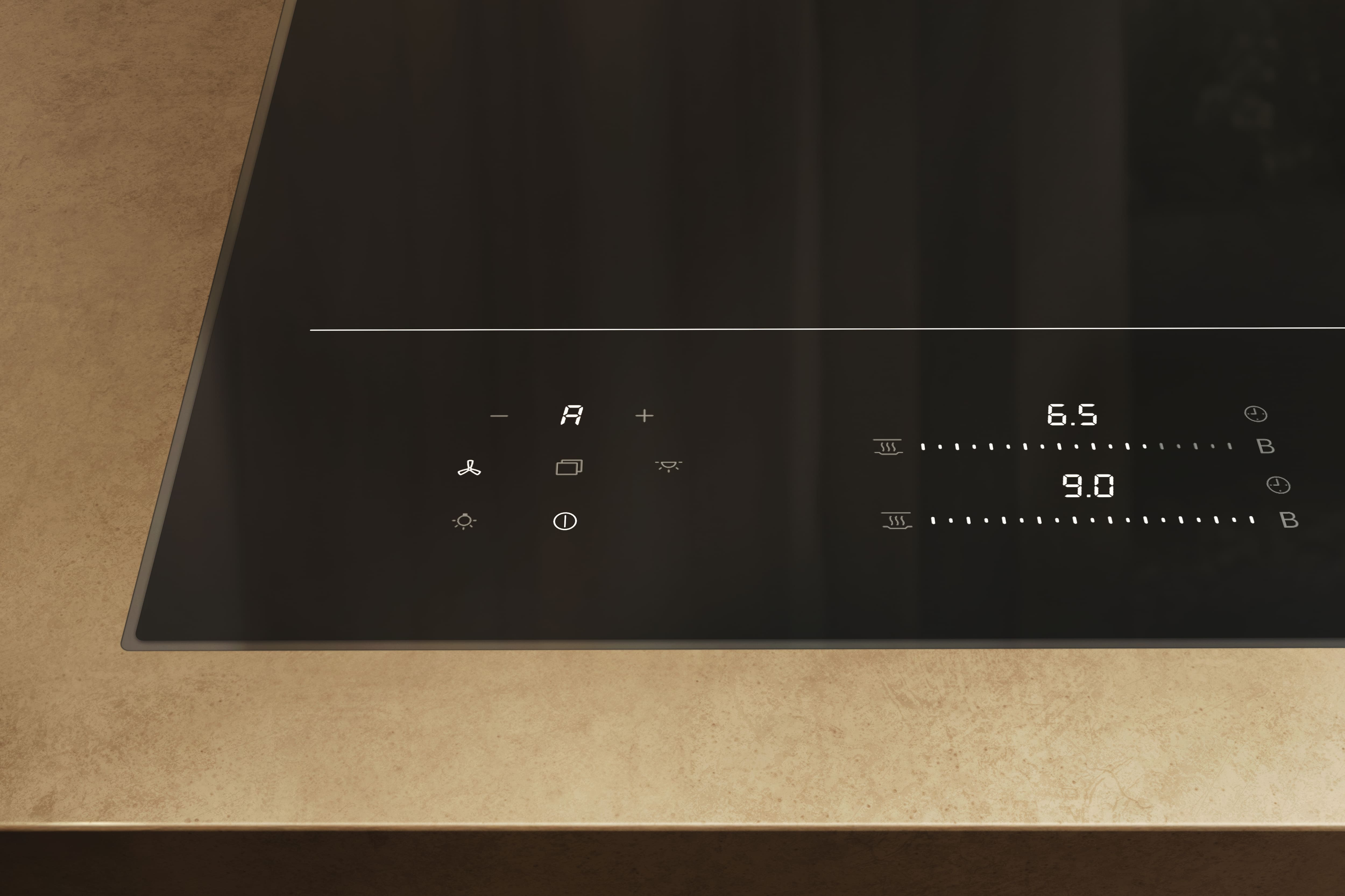 Schwarze Kochplatte mit digitalen Anzeigen für 6.5 und 9.0.