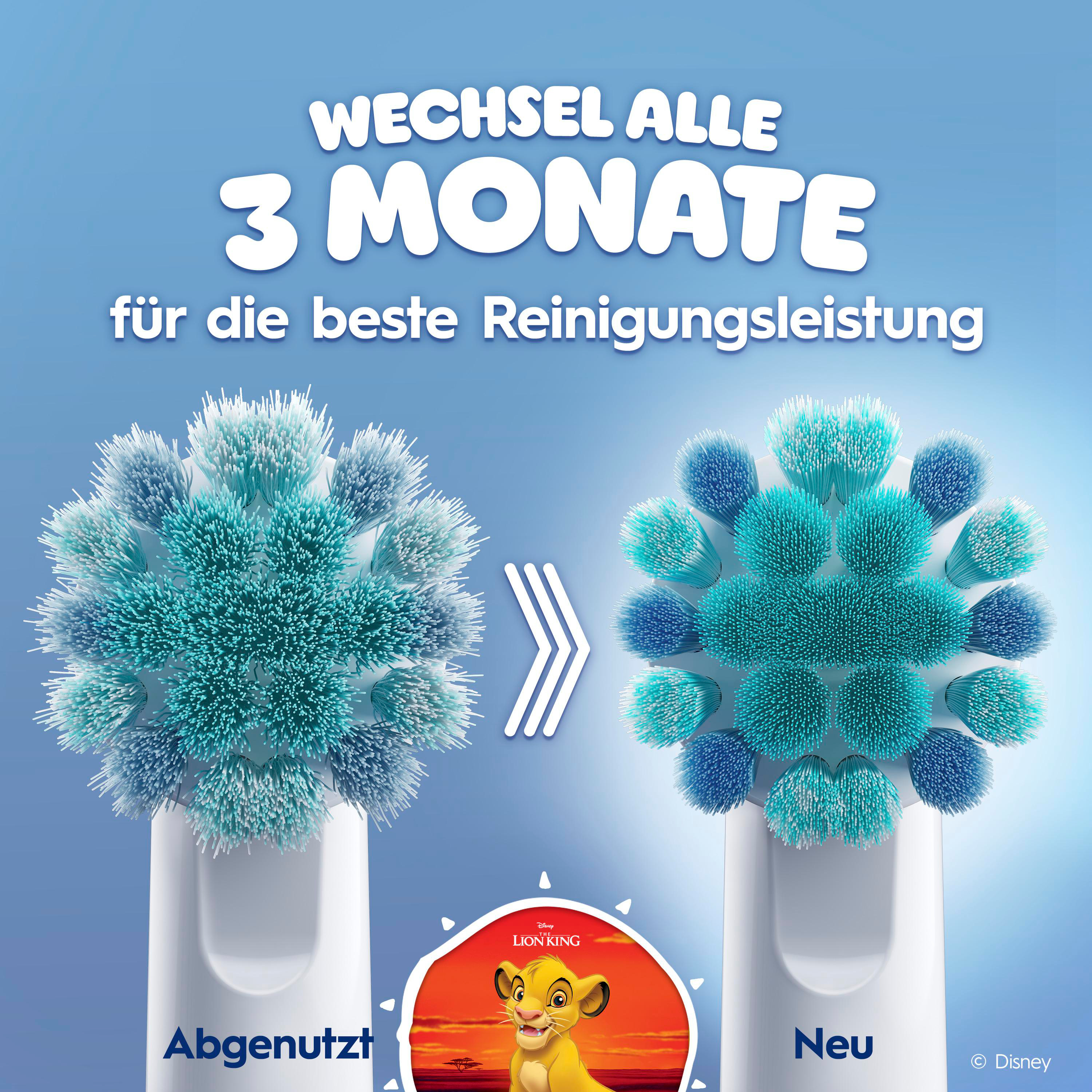 Zwei Zahnbürstenköpfe: abgenutzt vs. neu, mit Simba aus König der Löwen.