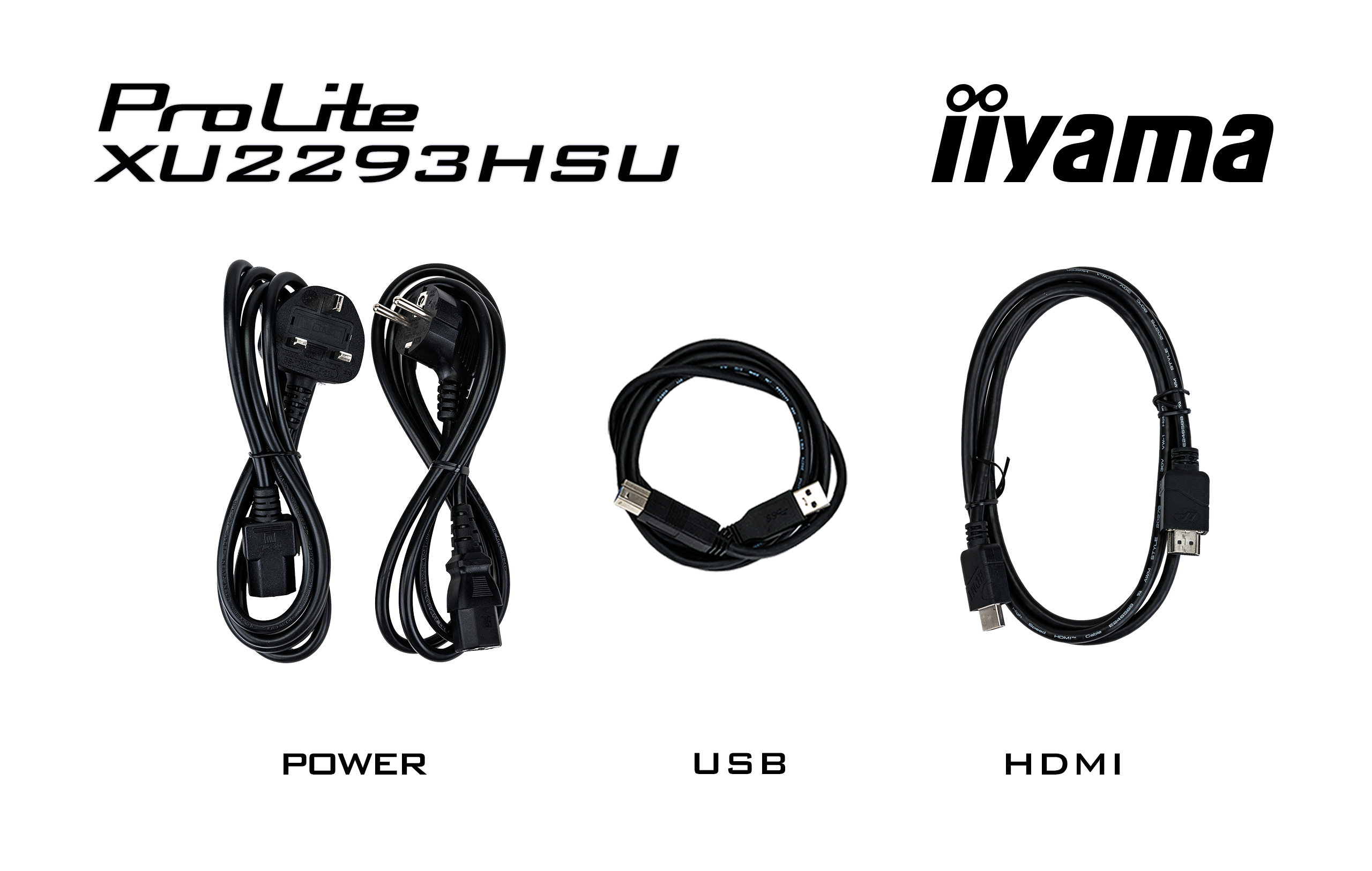 Drei schwarze Kabel: Strom, USB und HDMI, mit Beschriftungen.