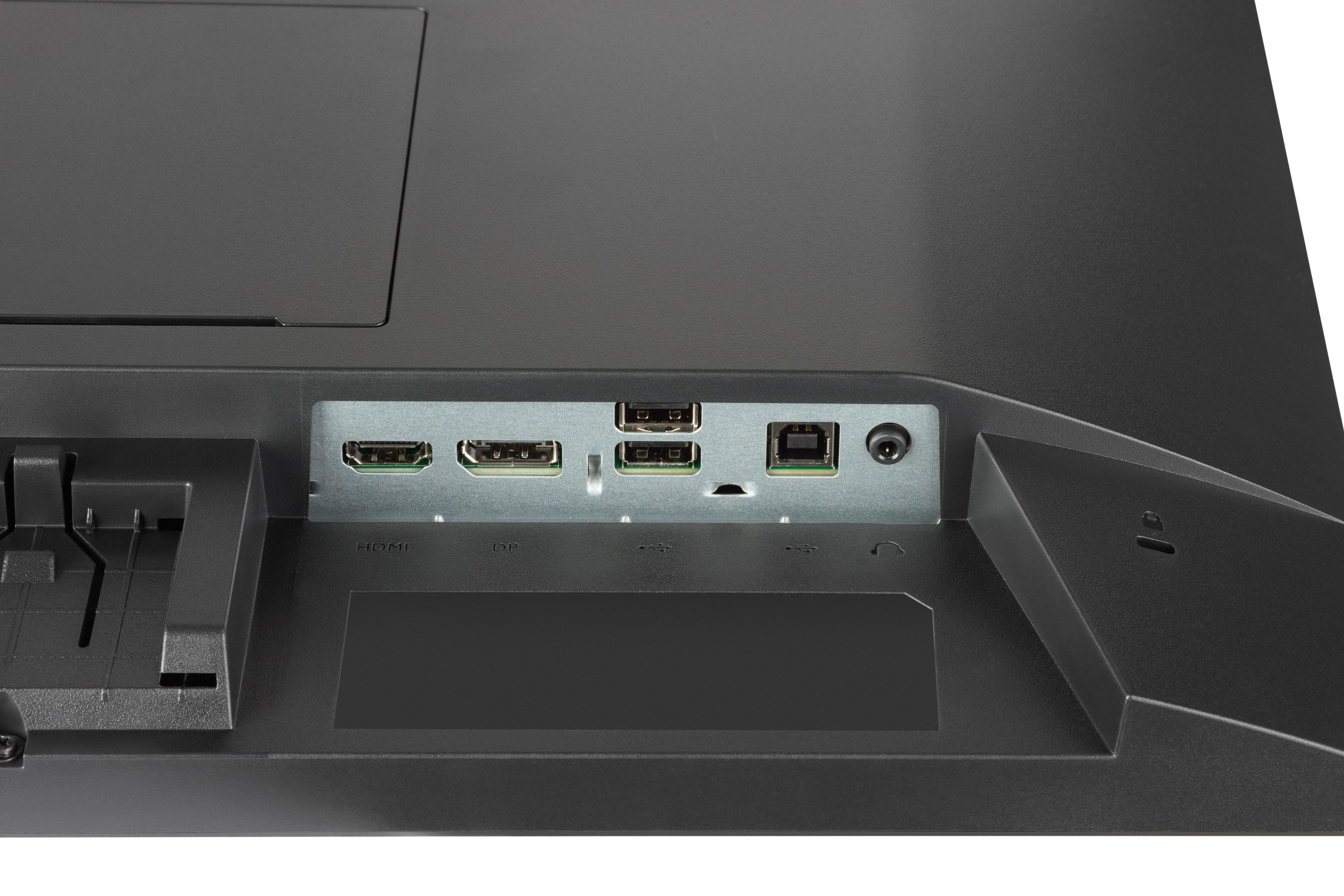 Anschlussfeld eines Monitors mit HDMI-, DP- und USB-Anschlüssen.