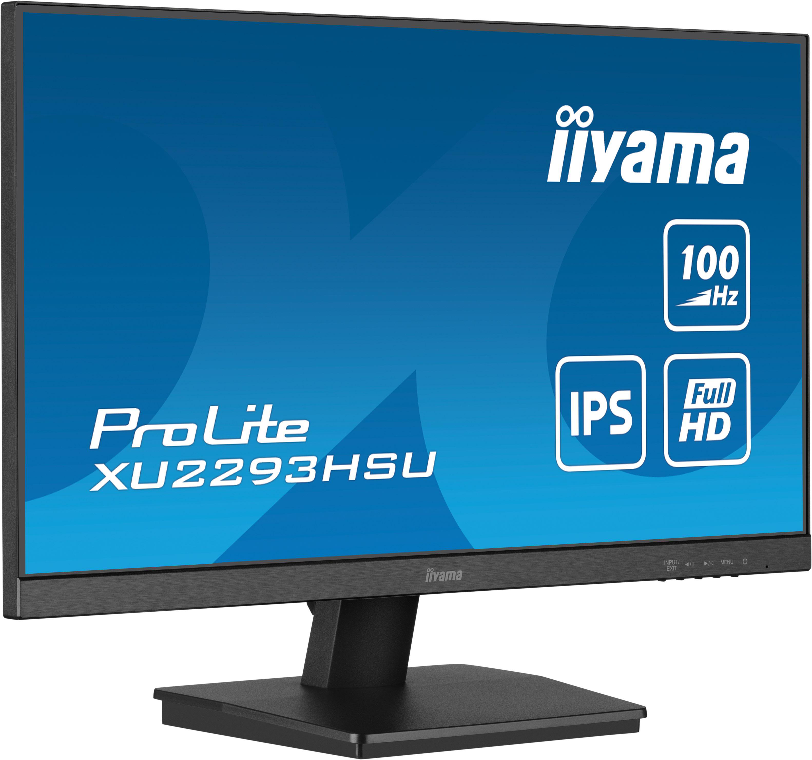 Ein schwarzer Iiyama ProLite XU2293HSU Monitor mit blauem Hintergrund.