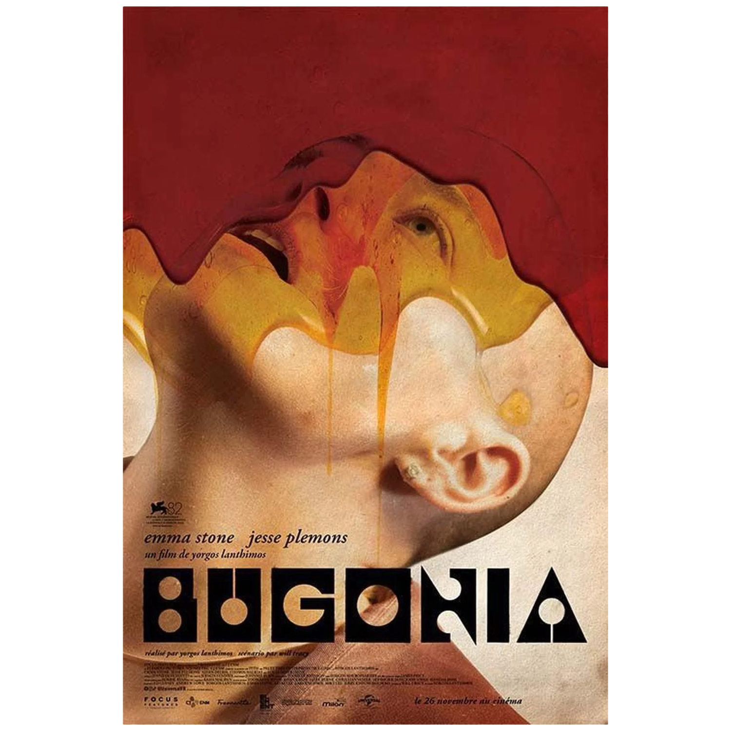 Affiche montrant un gros plan d'un visage couvert de liquide rouge et jaune.