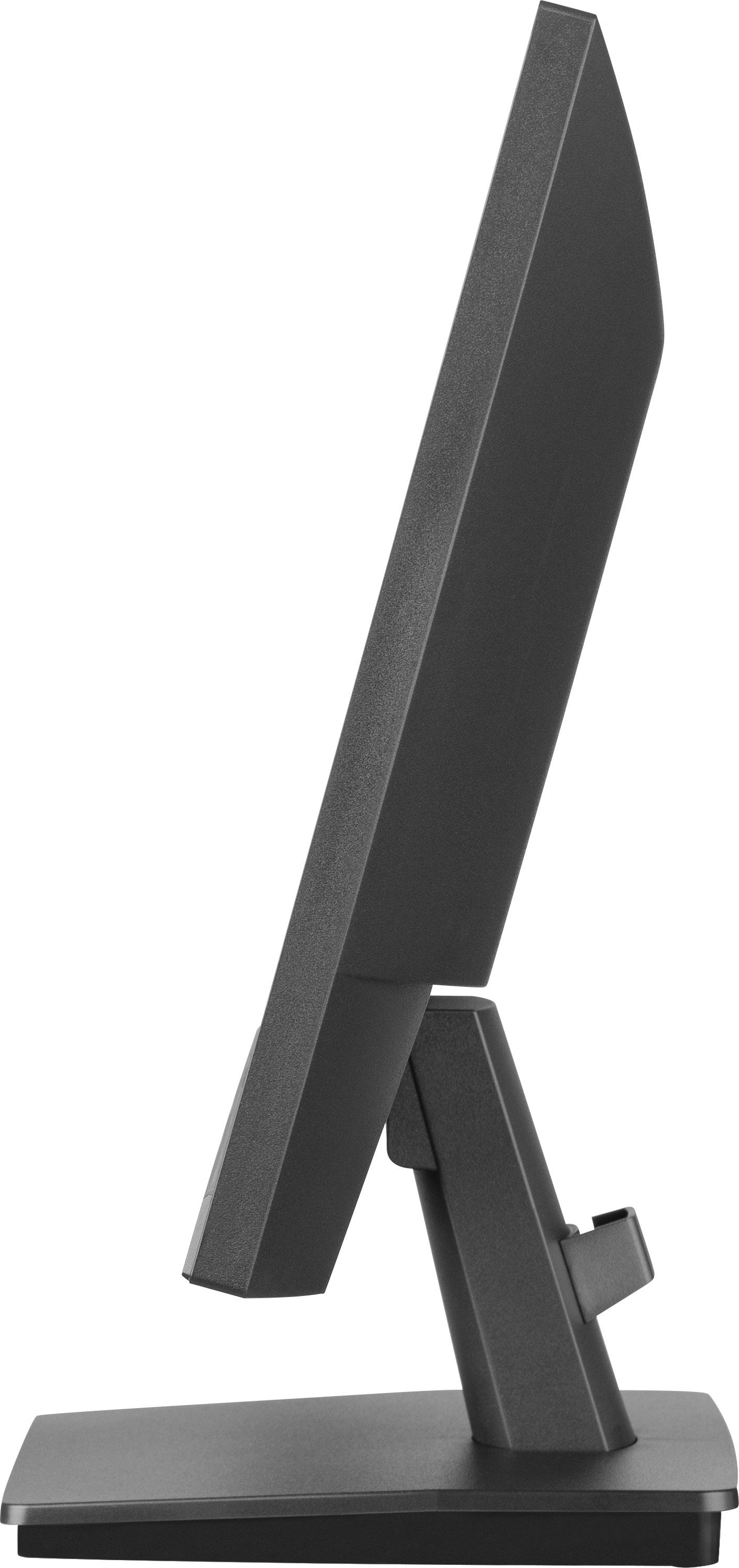 Ein schwarzer Computermonitor, von der Seite gesehen, auf einem weißen Hintergrund.