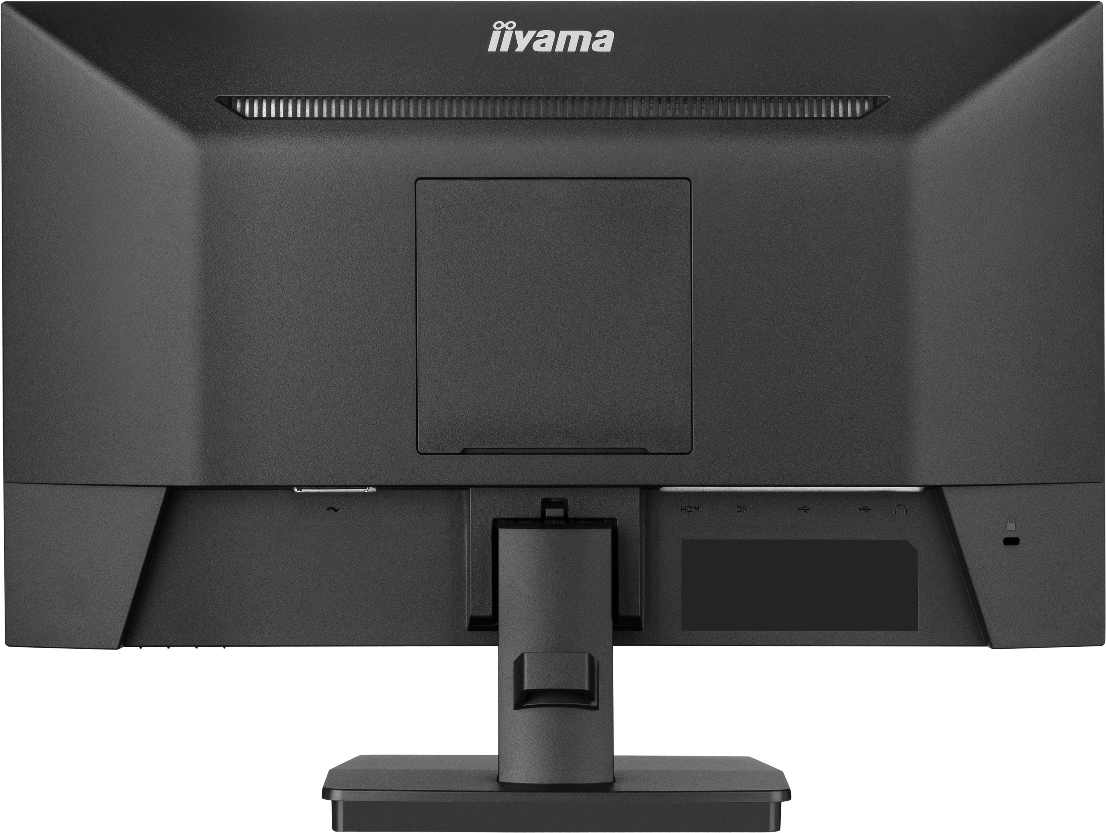 Rückseite eines schwarzen Monitors mit Iiyama-Logo und Anschlüssen.