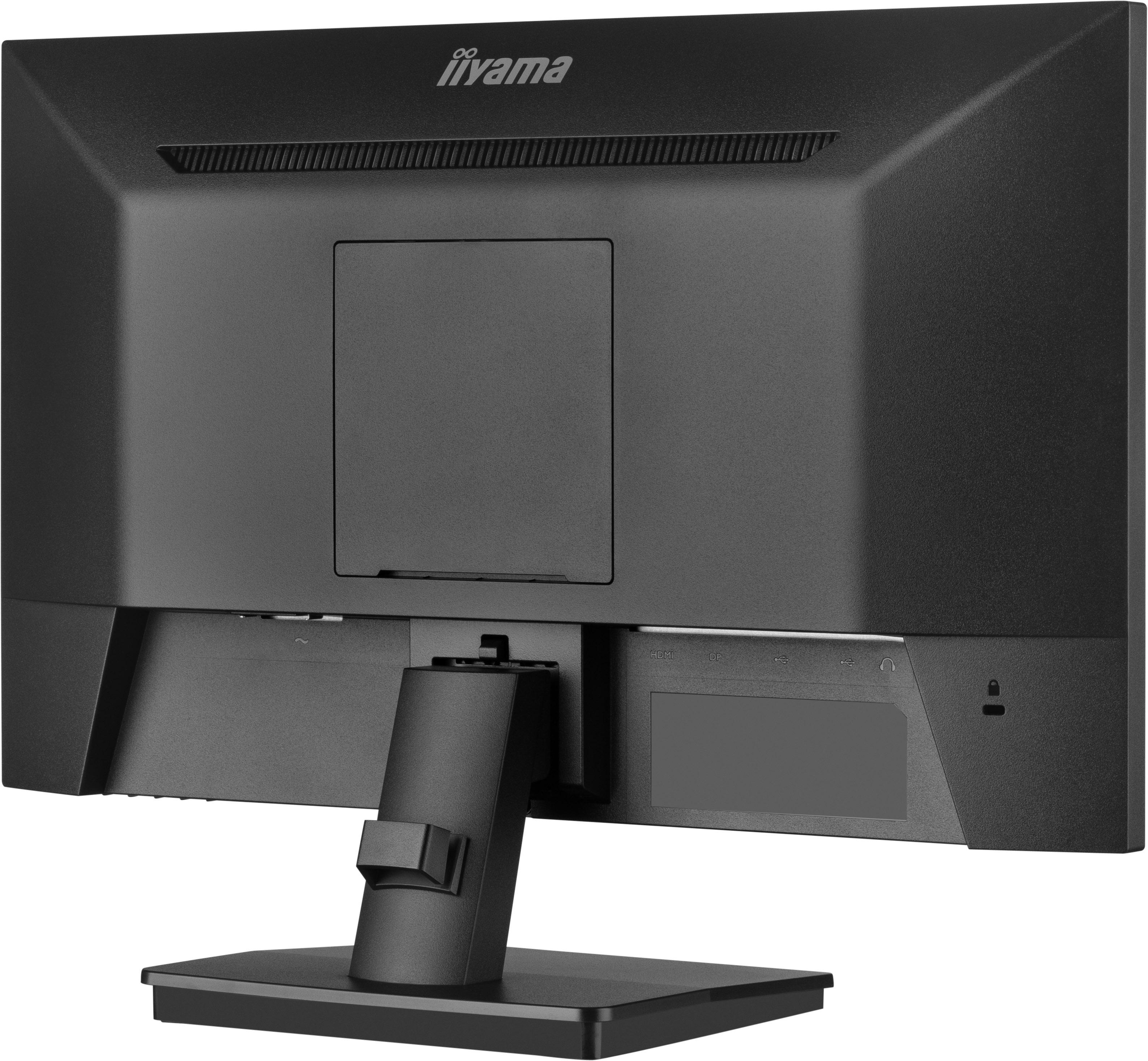 Rückseite eines schwarzen Iiyama Monitors mit Anschlüssen und Ständer.