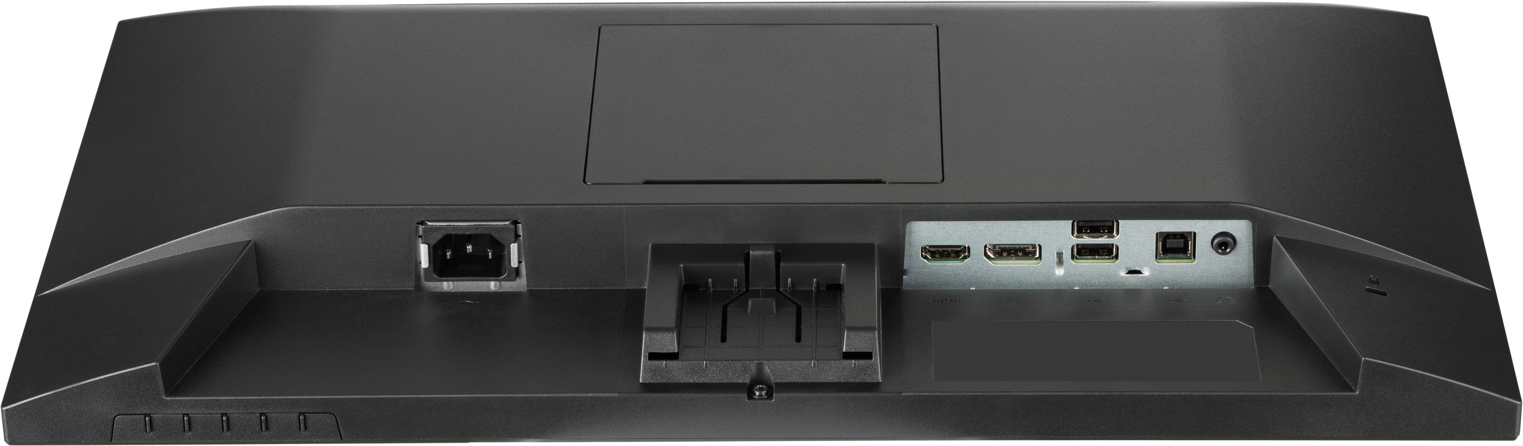 Rückseite eines schwarzen Monitors mit Anschlüssen: Strom, HDMI, DP, USB und Audio.
