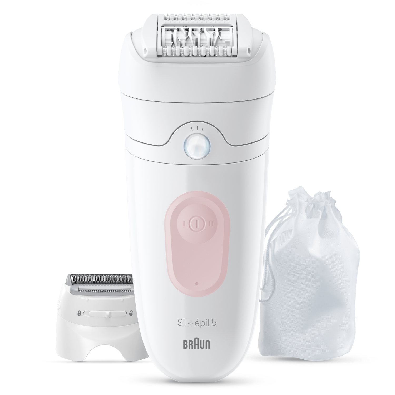 Depiladora Braun Silk-épil 5 blanca con botón rosa, cabezal de repuesto y bolsa.