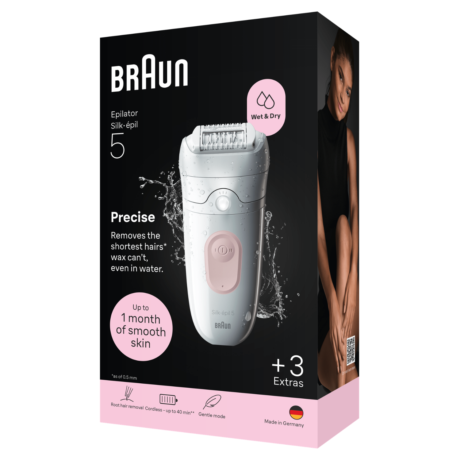 Depiladora Braun Silk-épil 5, blanca con detalles rosas, con salpicaduras de agua.