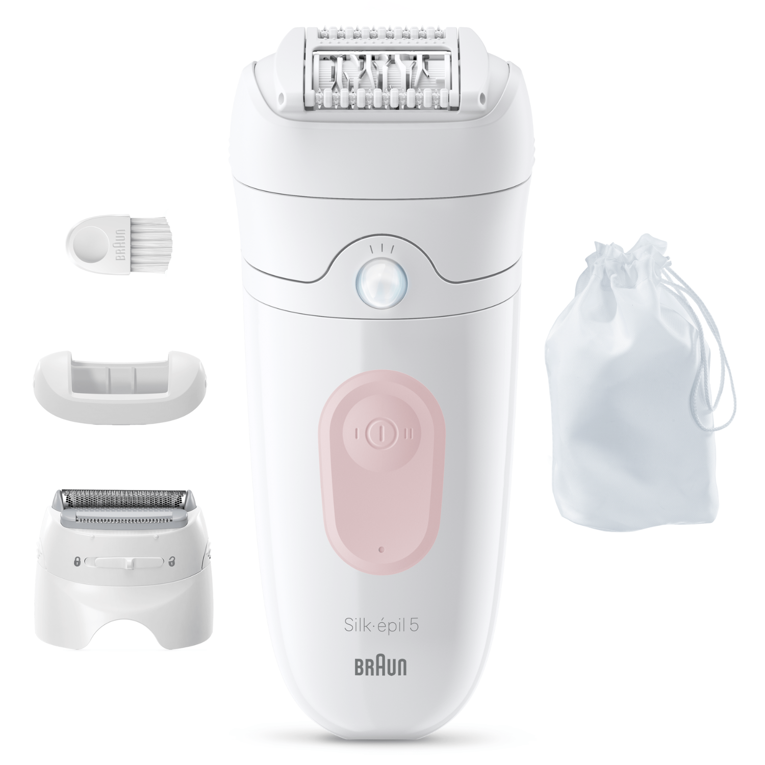 Un depilador Braun Silk-épil 5 blanco con accesorios, incluyendo un cepillo de limpieza y una bolsa.