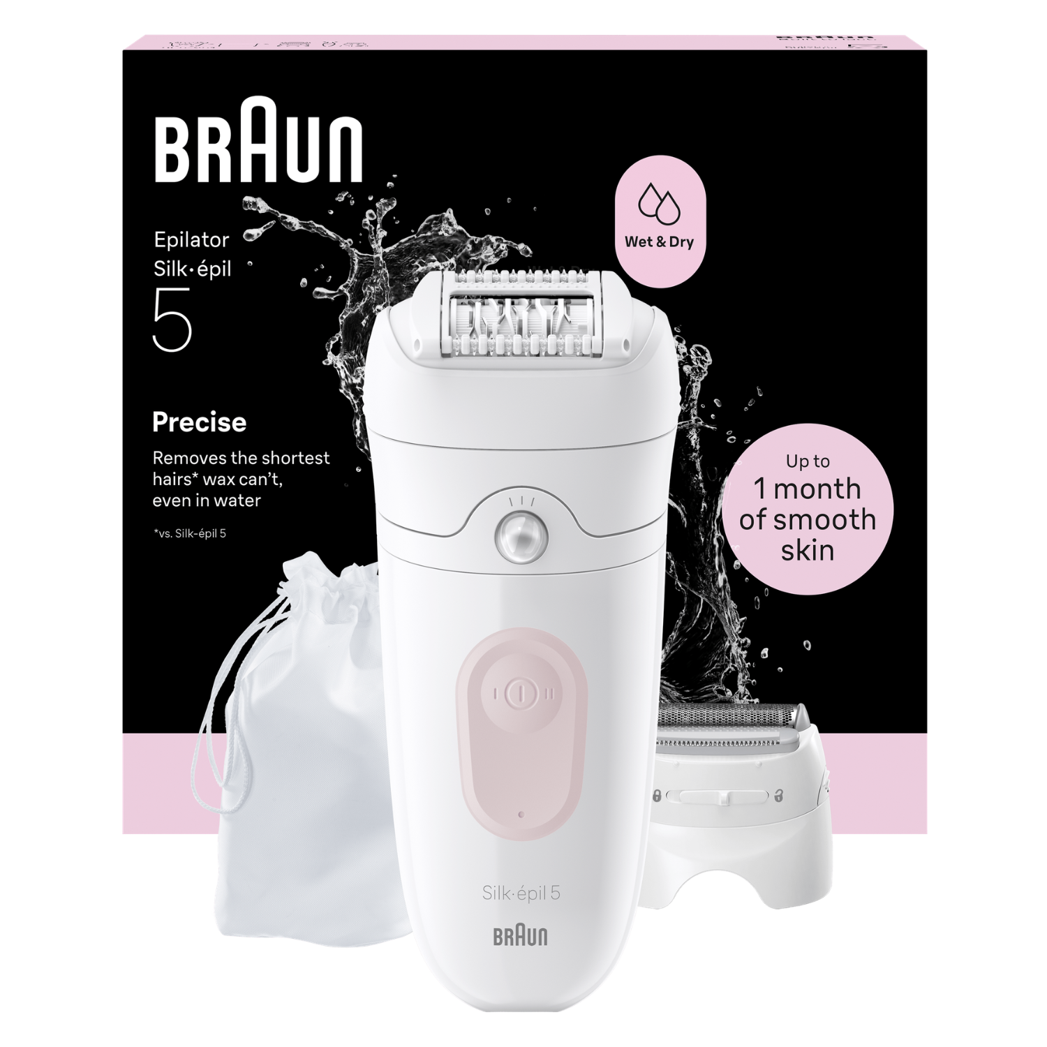 Una depiladora Braun Silk-épil 5 blanca con un accesorio y una bolsa sobre fondo negro.