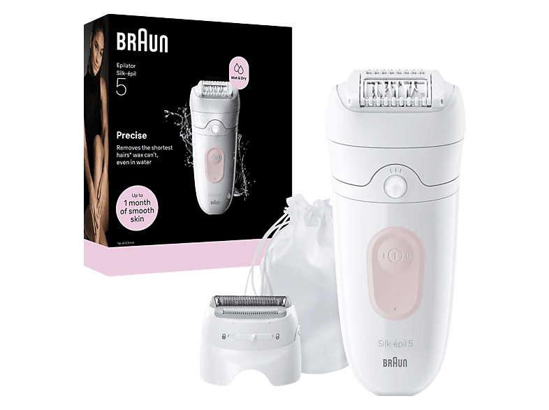 Depiladora - Braun Silk·épil 5 5-030, Piel suave duradera, Tecnología Microgrip con 28 pinzas, Wet&Dry, Blanco/Rosa