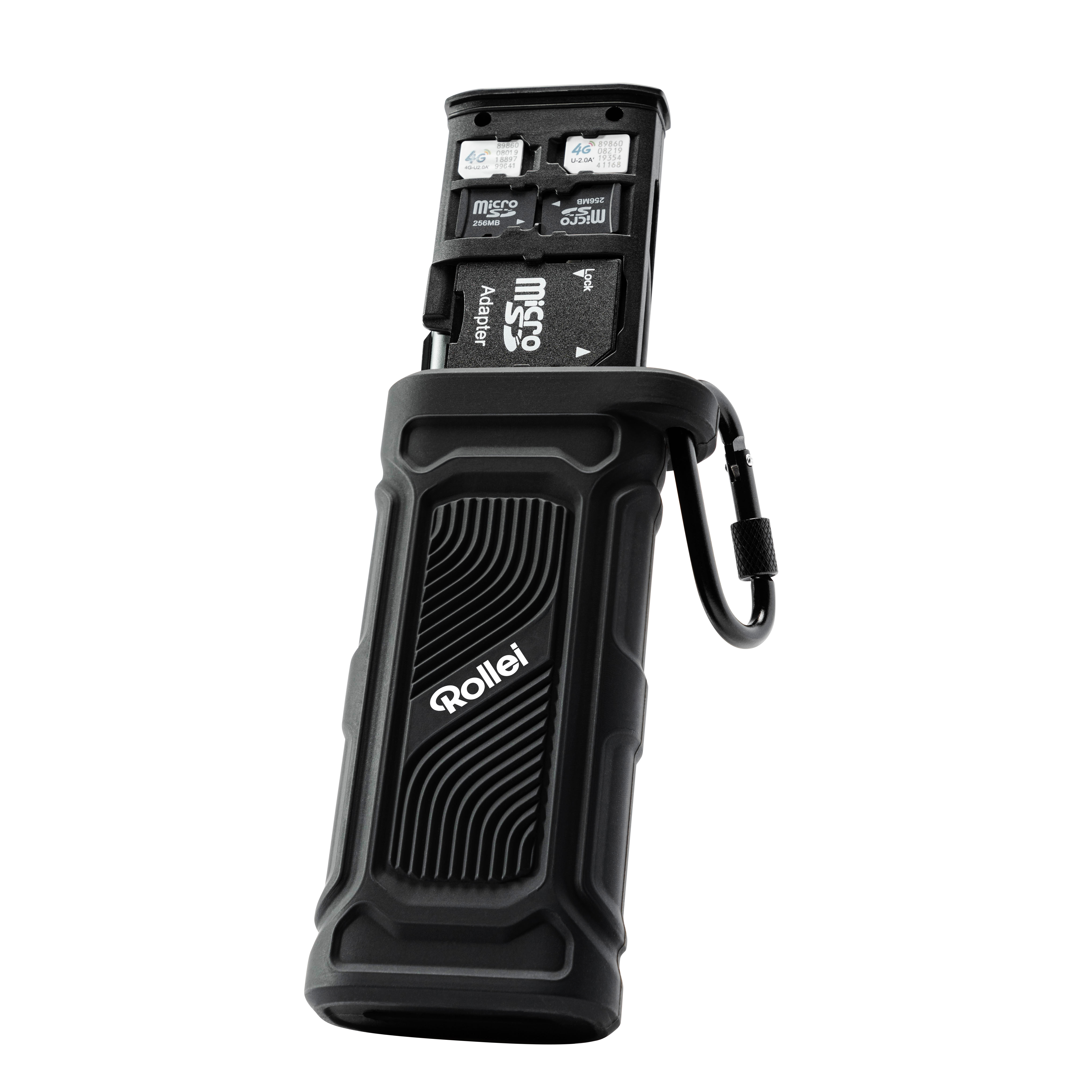 Ein schwarzer Kartenhalter mit SIM- und MicroSD-Karten, beschriftet mit Rollei.