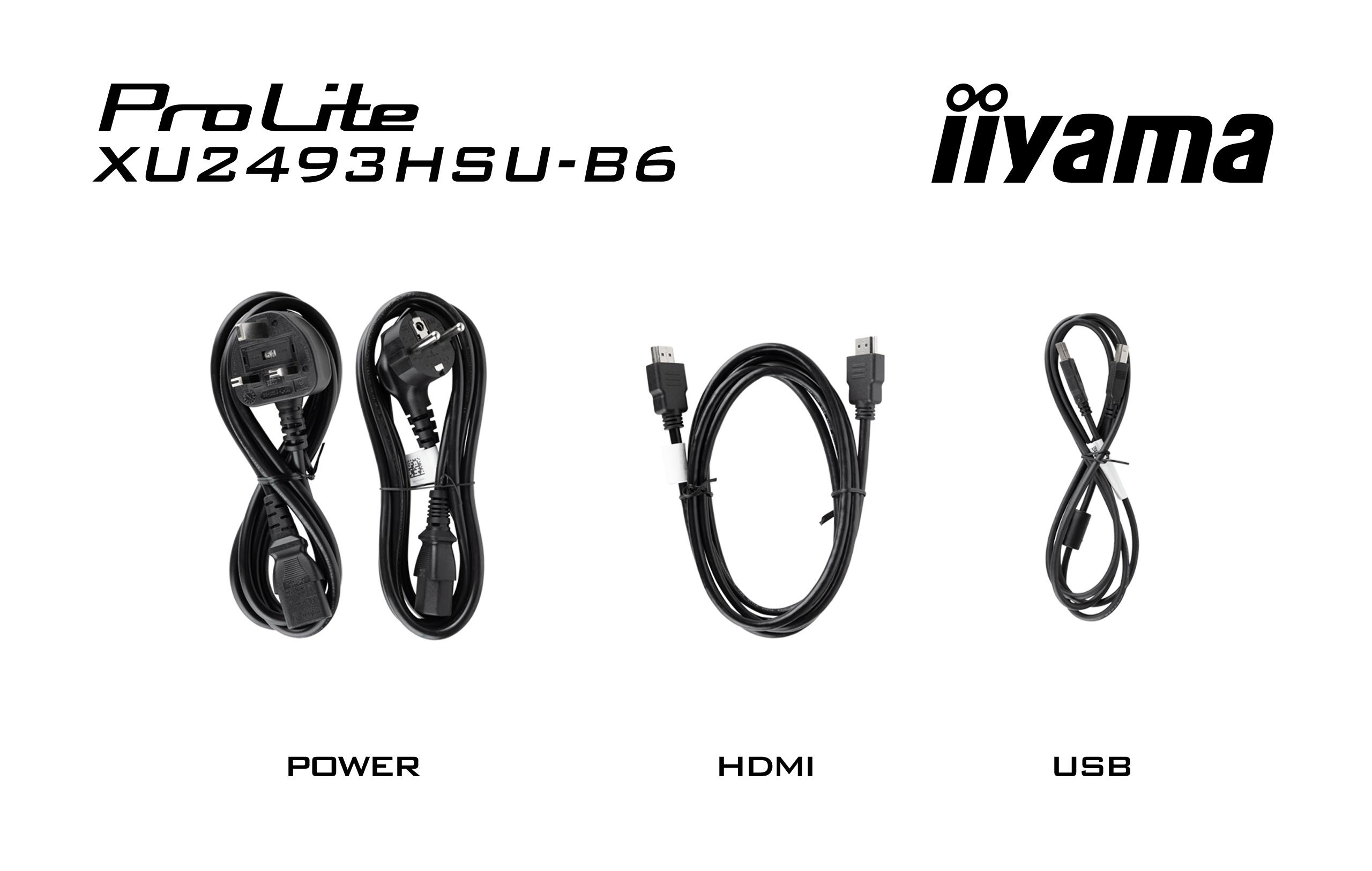 Drei schwarze Kabel: zwei Stromkabel, ein HDMI- und ein USB-Kabel.