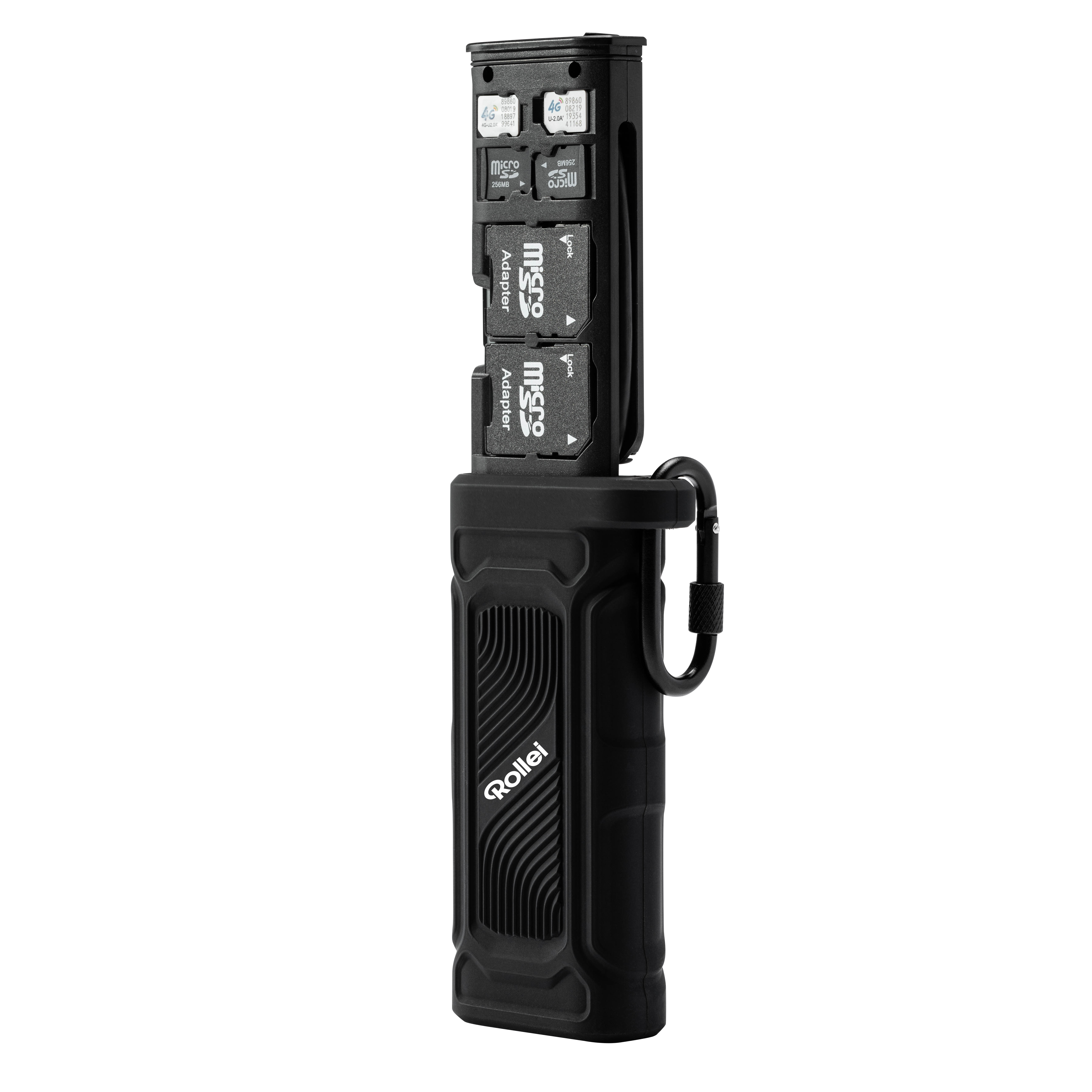 Schwarzer Rollei-Organizer für SIM- und MicroSD-Karten mit Karabiner.