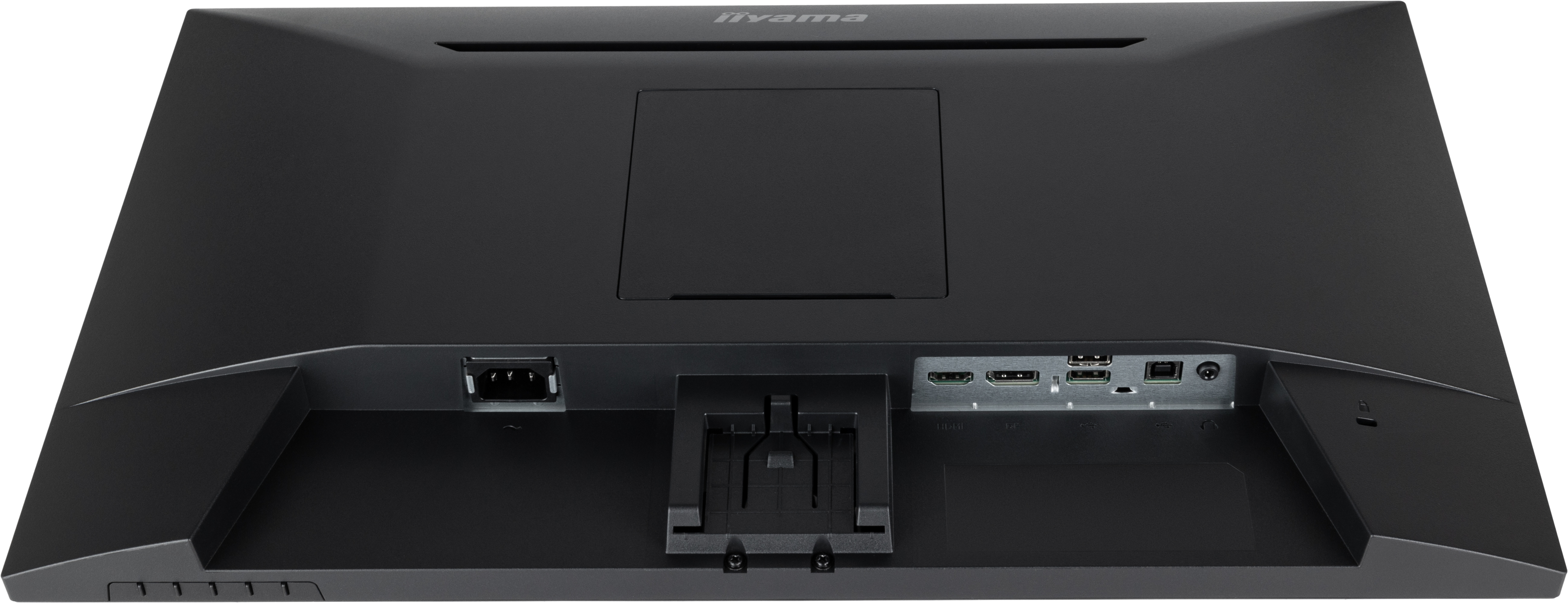 Rückseite eines schwarzen Monitors mit Anschlüssen: Strom, HDMI, USB.