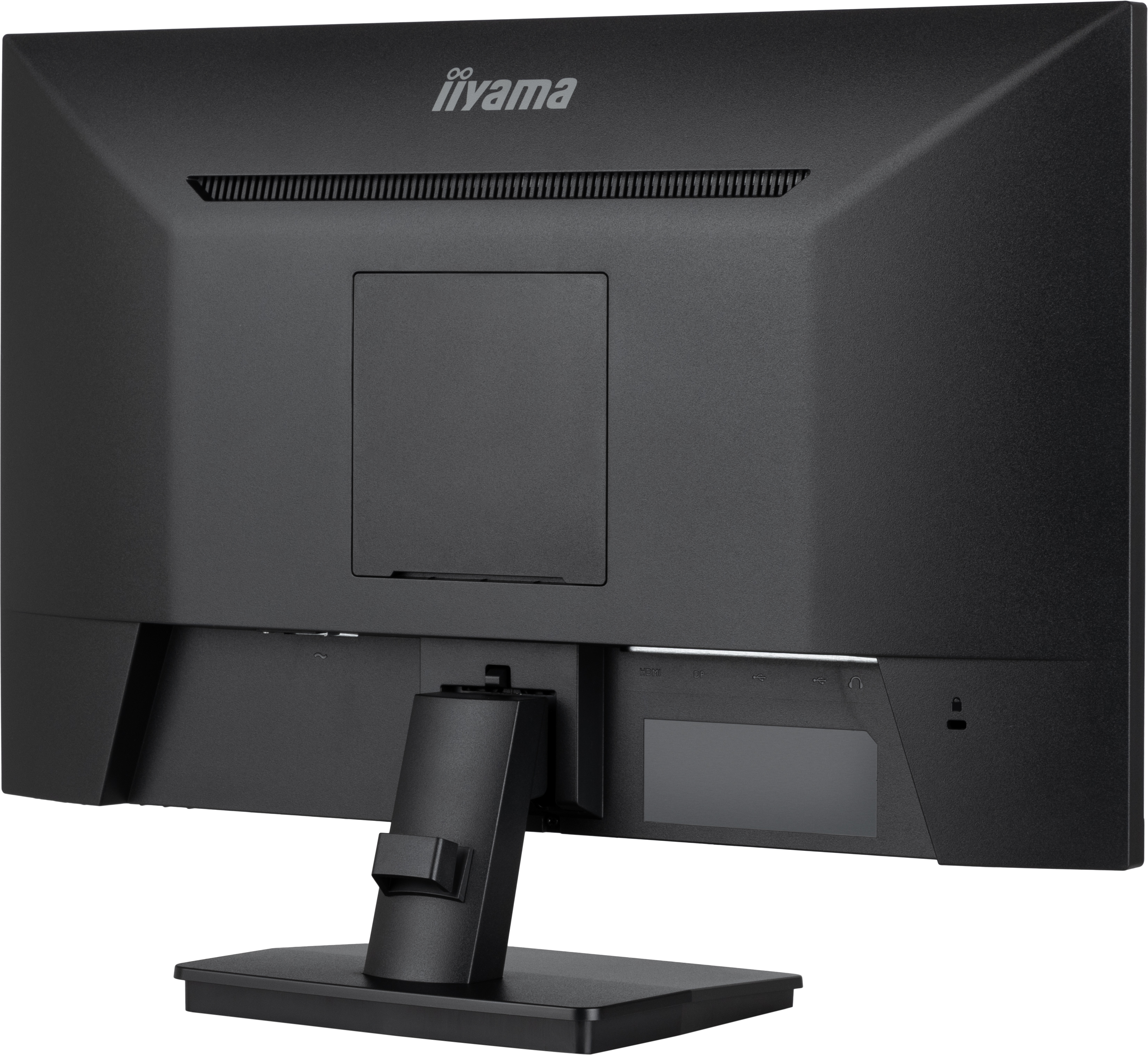 Rückseite eines schwarzen Monitors mit iiyama-Logo, Lüftungsschlitzen und Anschlüssen.