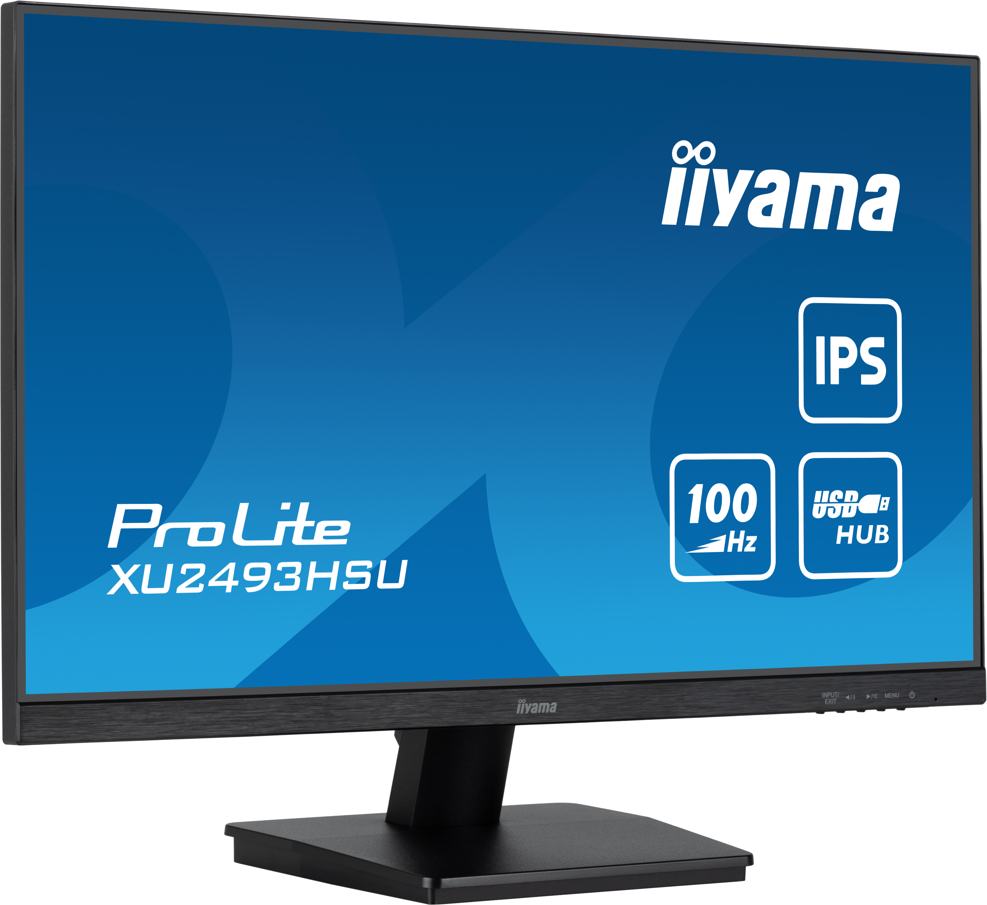 Ein schwarzer iiyama ProLite Monitor mit blauem Hintergrund und Spezifikationen.