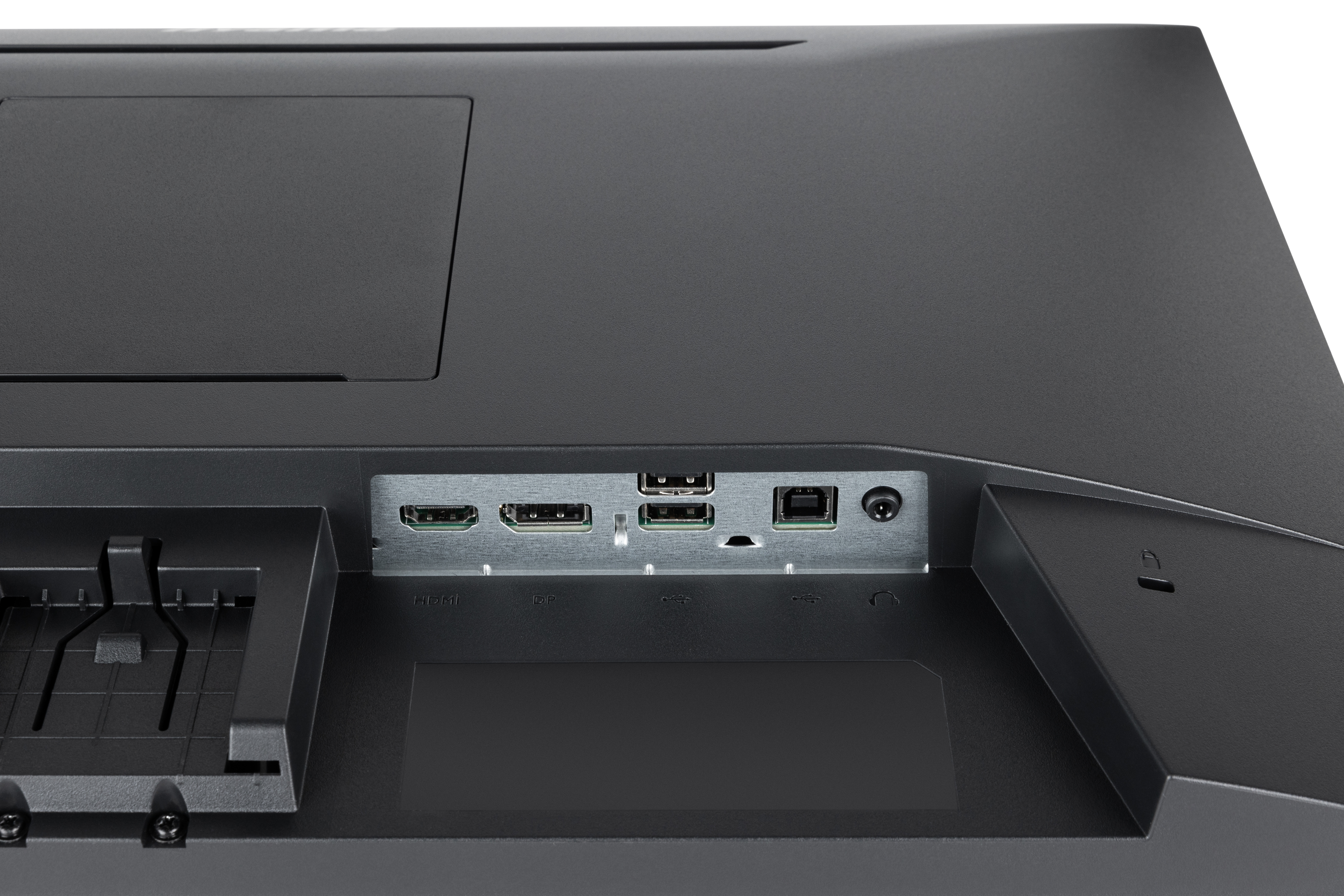 Anschlussfeld mit HDMI-, DP-, USB- und Stromanschlüssen an einem schwarzen Gerät.