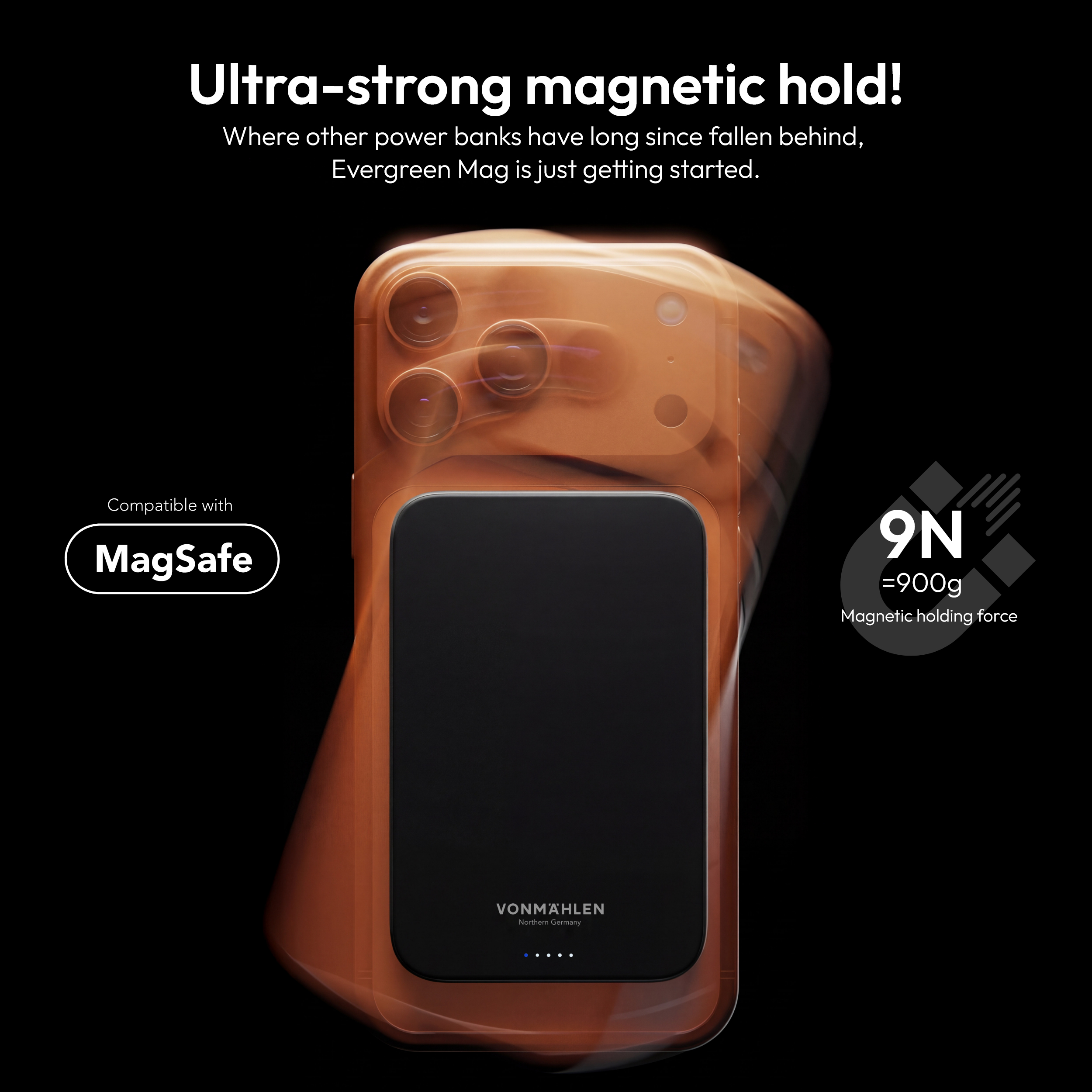Orangefarbenes Handy mit MagSafe-Ladegerät. 9N/900g Haltekraft.