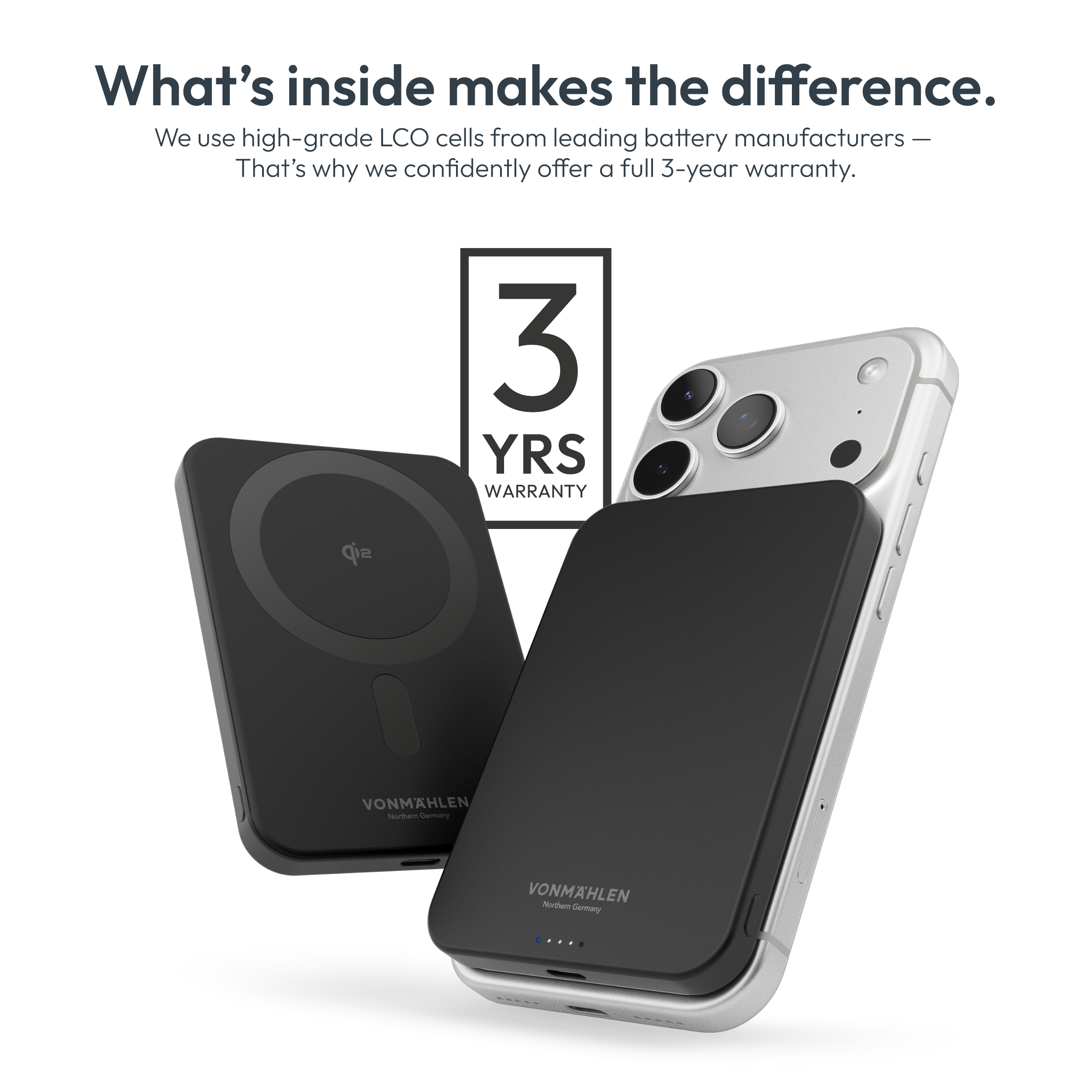 Ein schwarzes Smartphone mit einer Handyhülle und einem Ladecase. 3 Jahre Garantie.