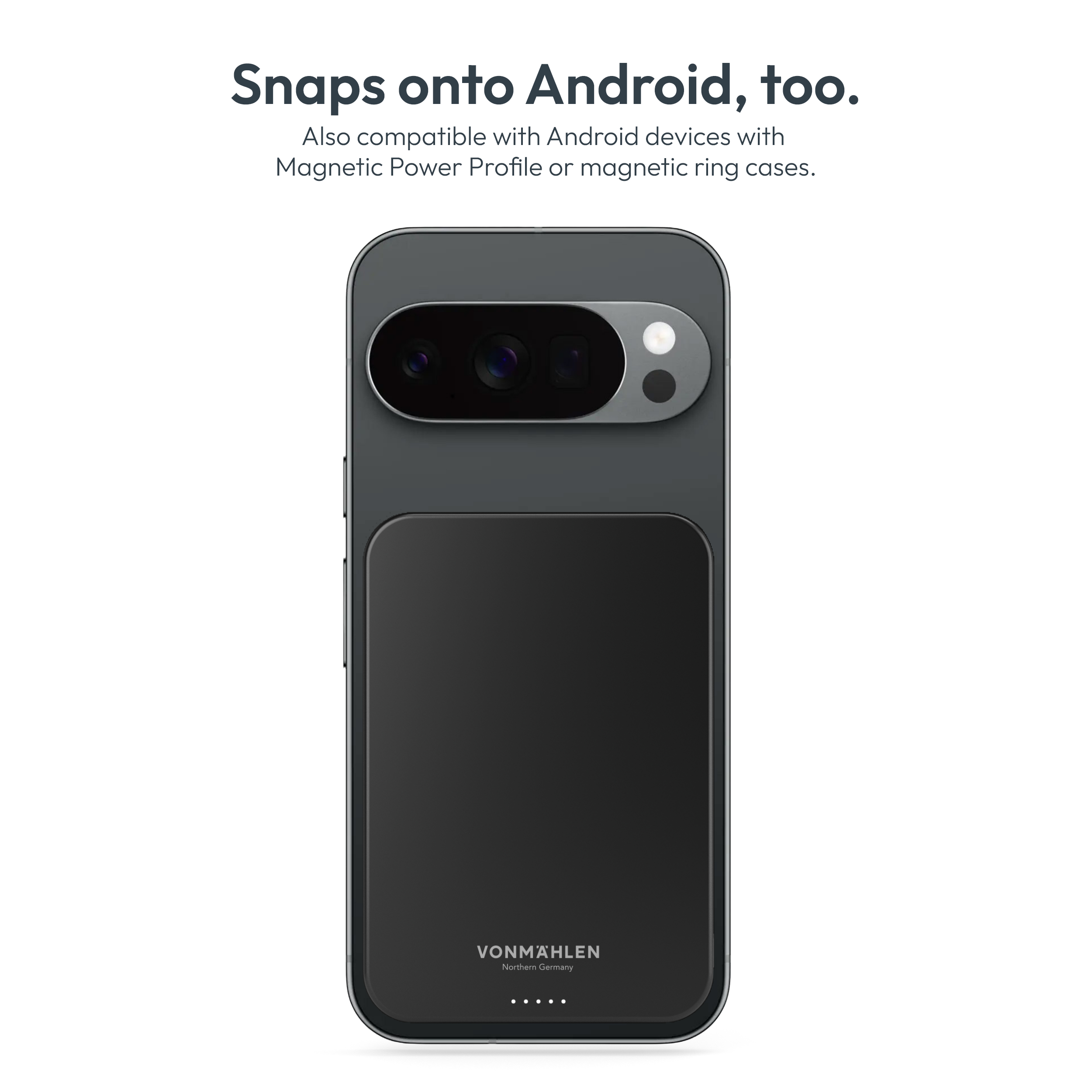Ein schwarzes Handy mit Kamera und Logo ist auf weißem Hintergrund zu sehen.