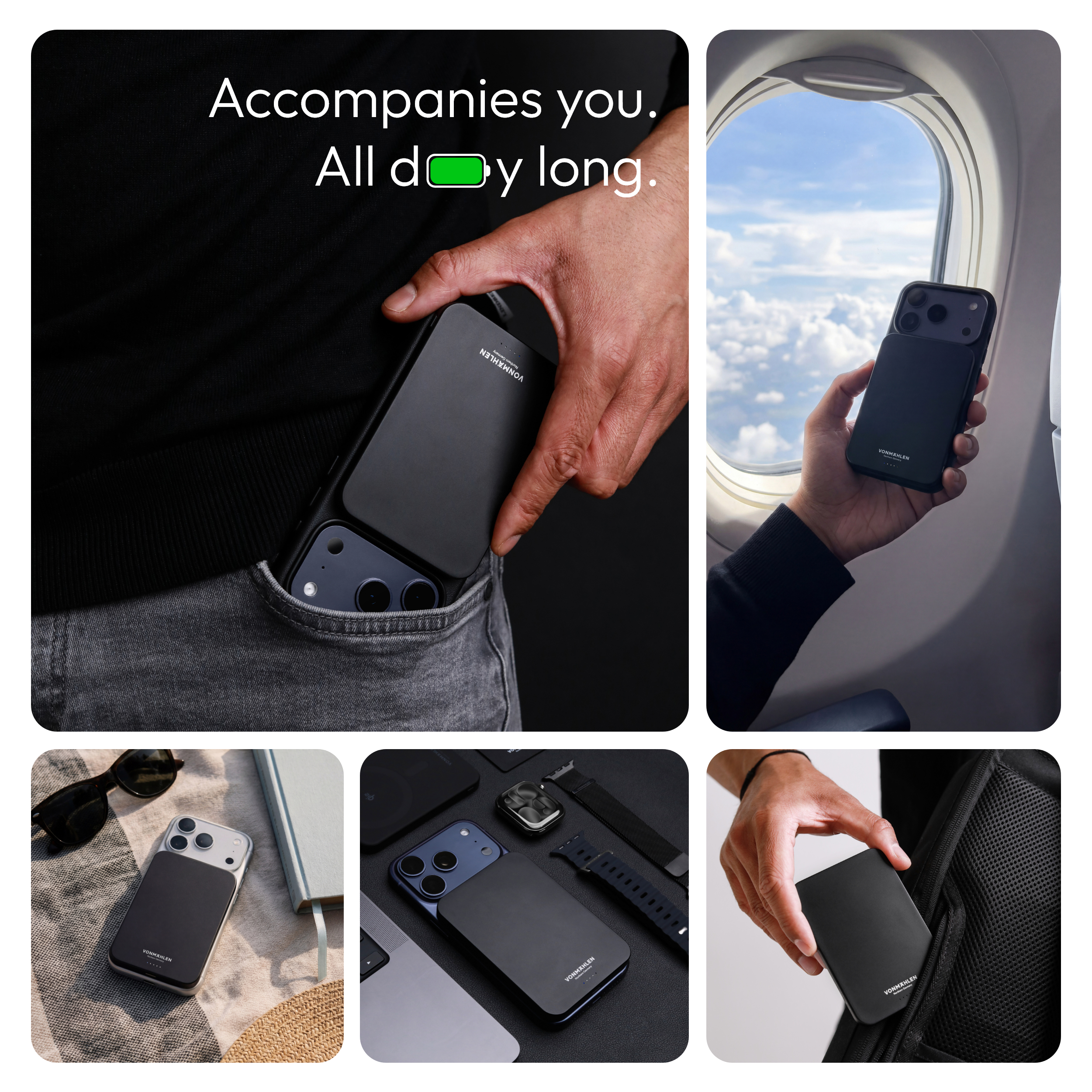 Ein schwarzes Smartphone mit Ladecase wird in eine Hosentasche gesteckt.