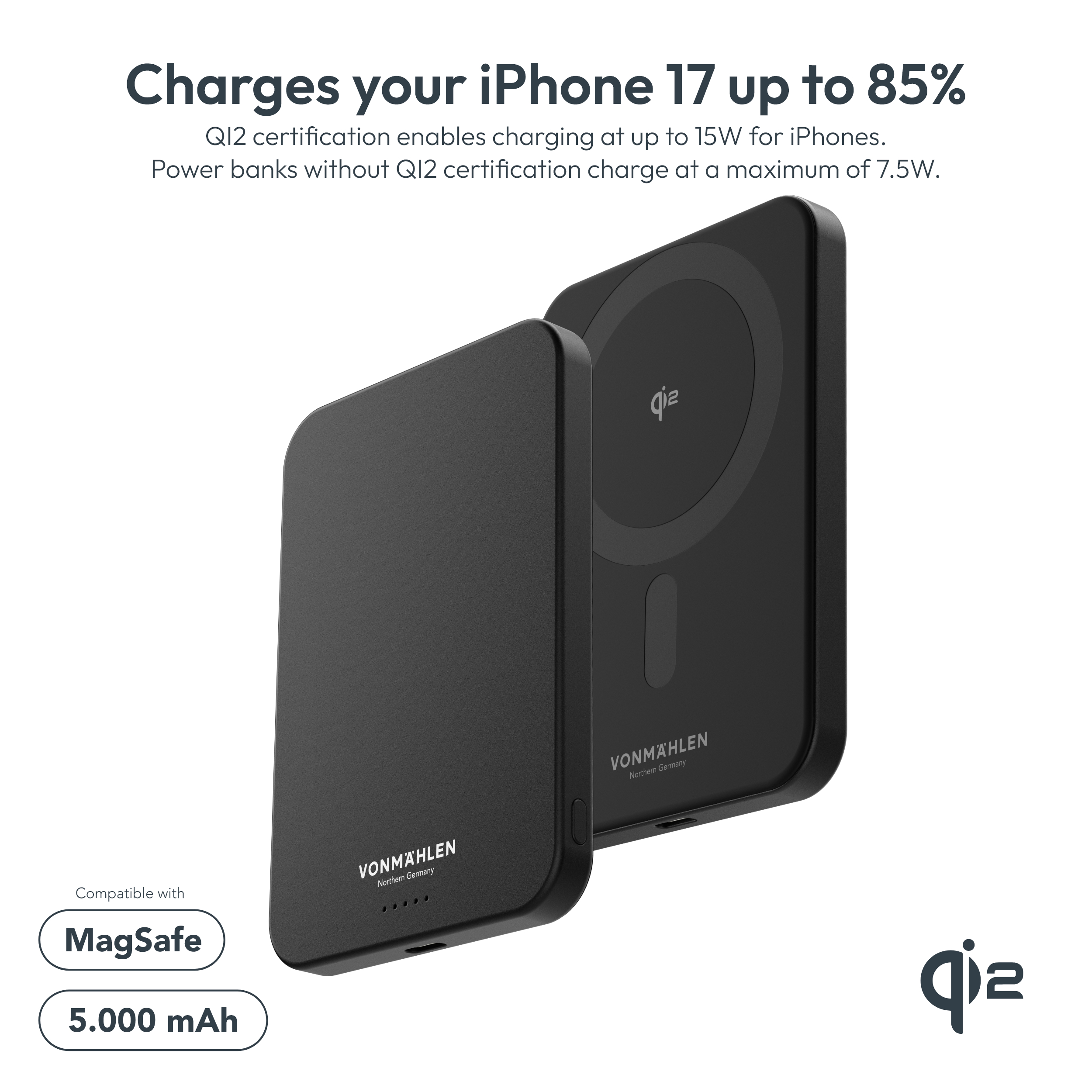 Schwarzes QI2-Ladegerät mit MagSafe und 5000 mAh, kompatibel mit iPhones.