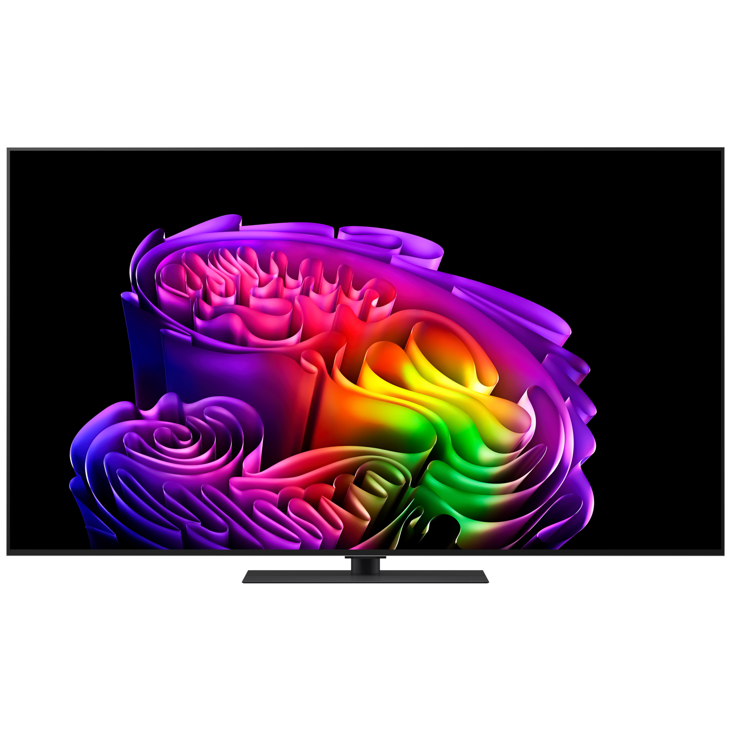 Een moderne televisie toont een abstract regenboogkleurig patroon op zwarte achtergrond.