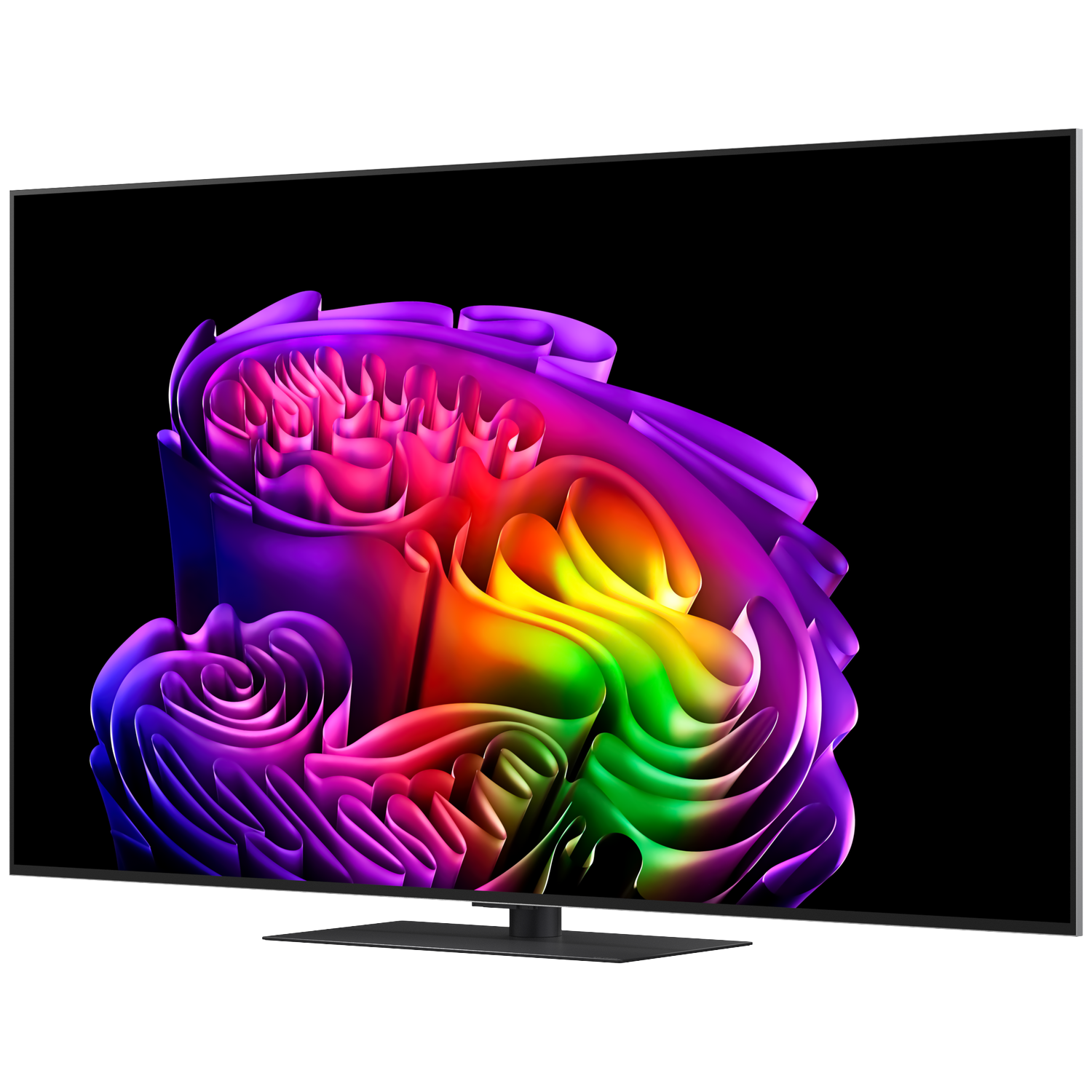 Een moderne televisie toont een abstract, regenboogkleurig kunstwerk op een zwarte achtergrond.