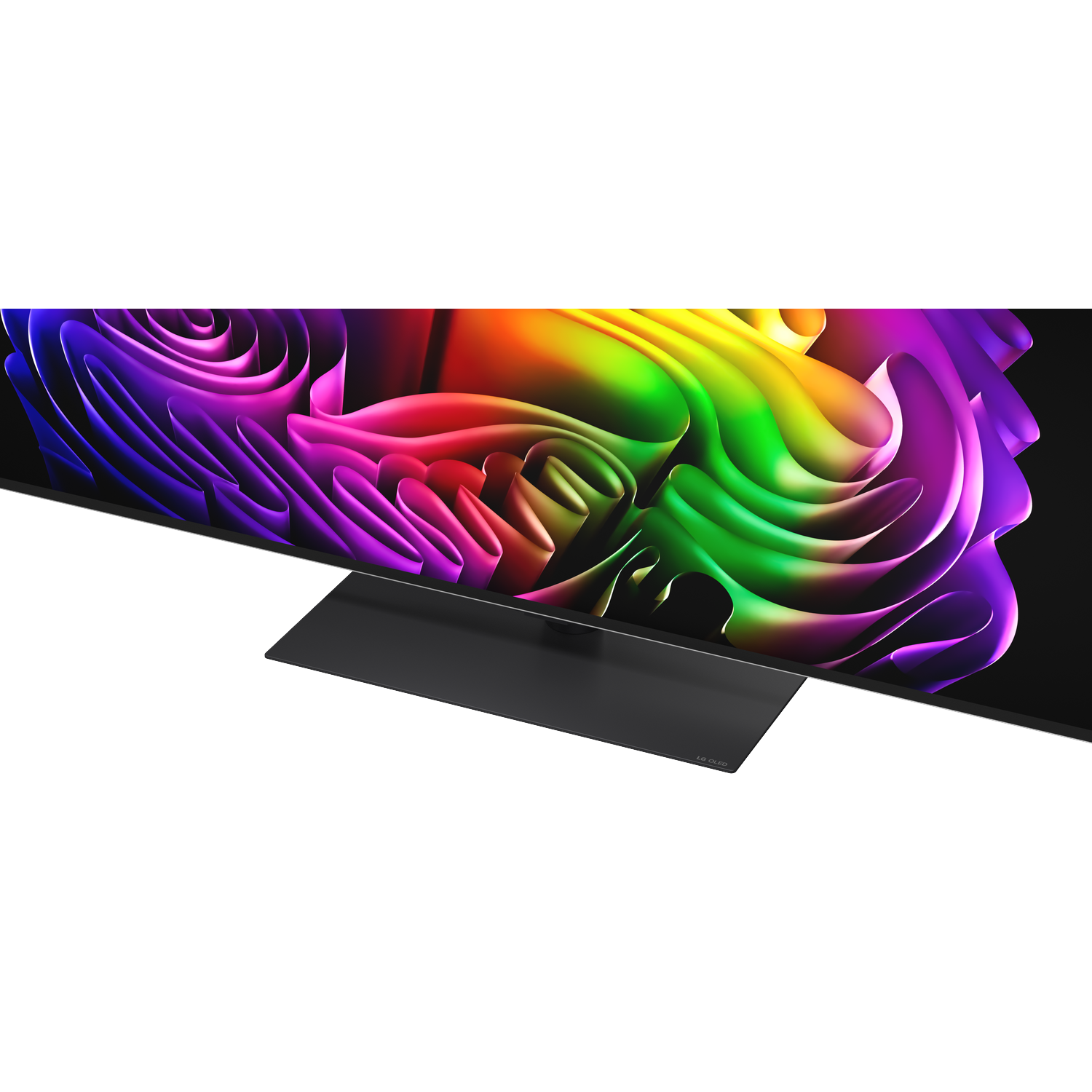 Een moderne tv met een kleurrijk, vloeiend patroon op het scherm, met een zwarte standaard.