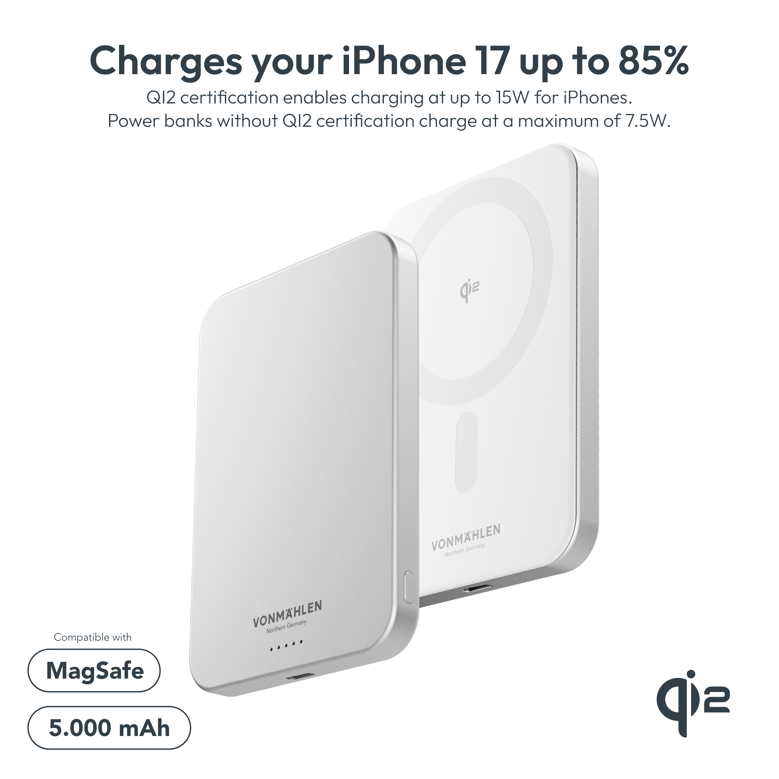 Zwei weiße MagSafe-kompatible Powerbanks mit 5000 mAh von Vonmählen.