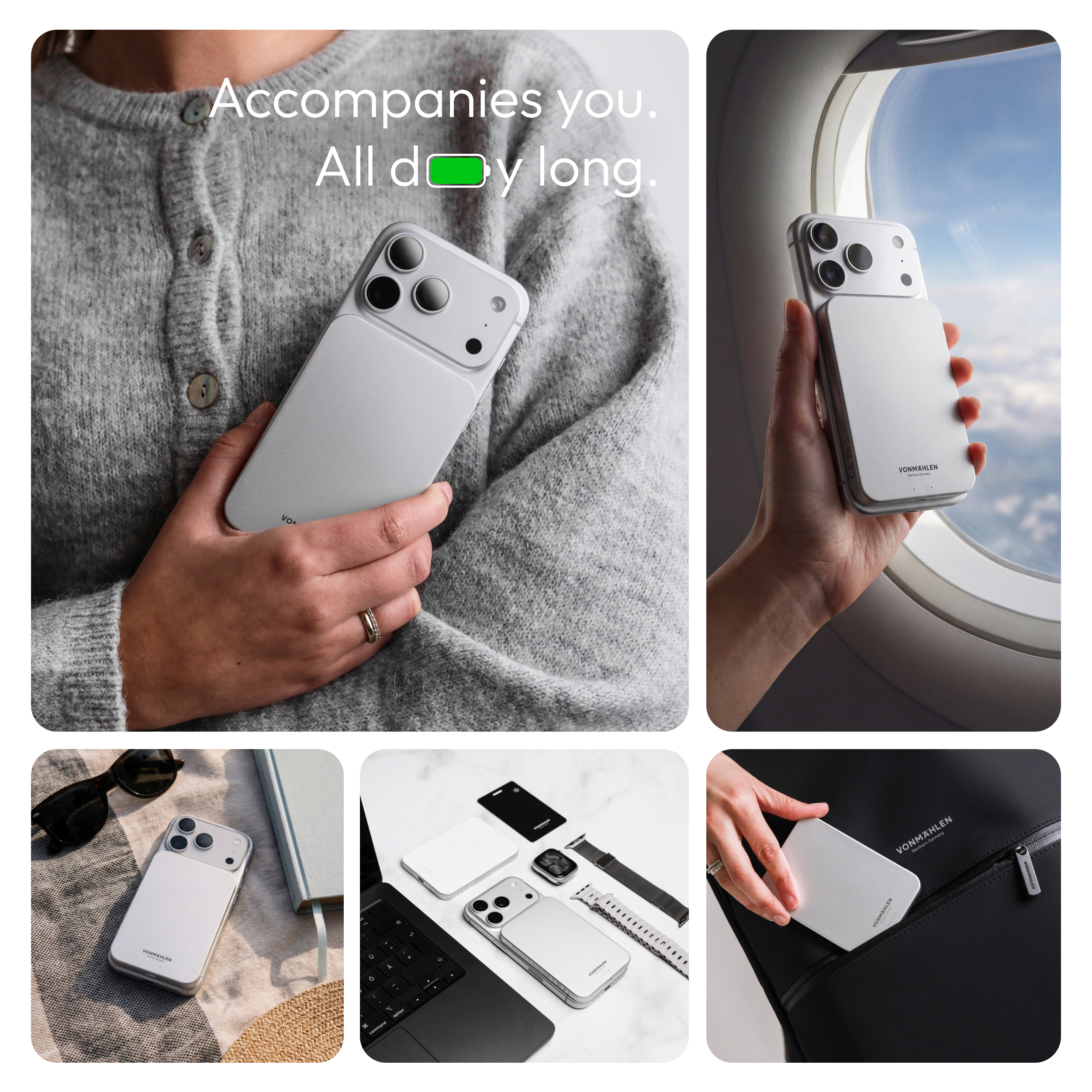 Grauer Wollcardigan mit Handyhülle, Handy im Flugzeug, Handy mit Zubehör, Handy in Tasche.