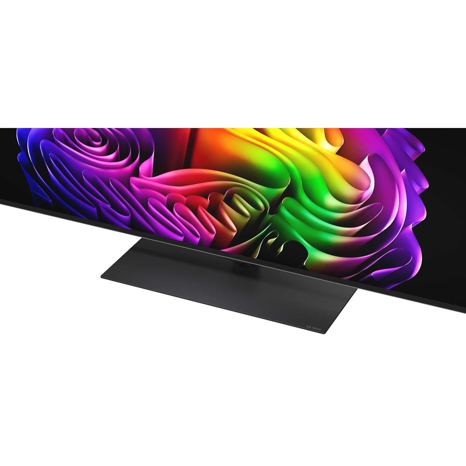 Een moderne tv met een levendige, kleurrijke abstracte achtergrond op het scherm.