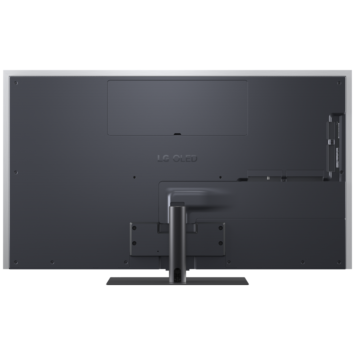 Achterkant van een LG OLED TV met poorten en standaard.