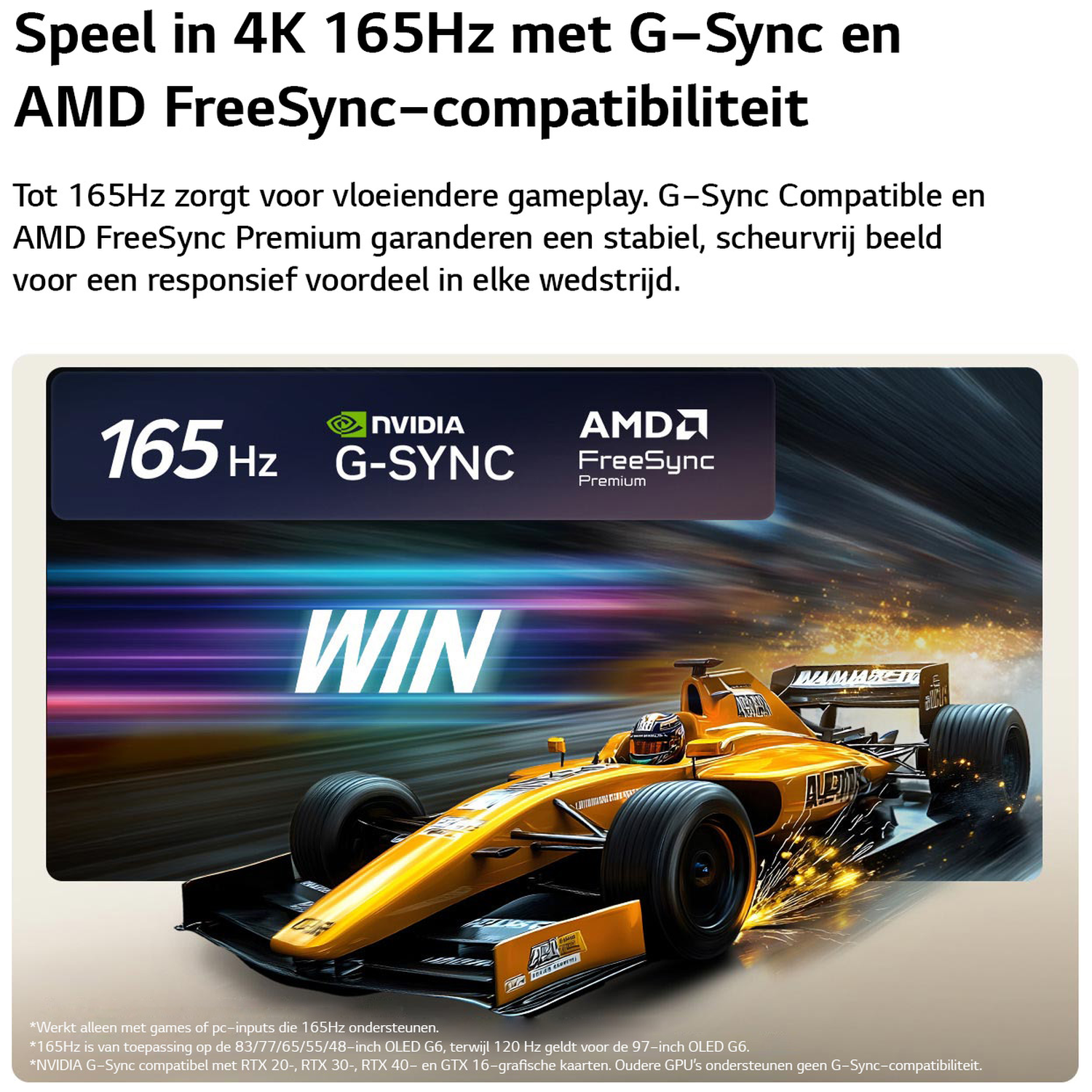 Een gele raceauto scheurt voorbij, met NVIDIA G-SYNC en AMD FreeSync.