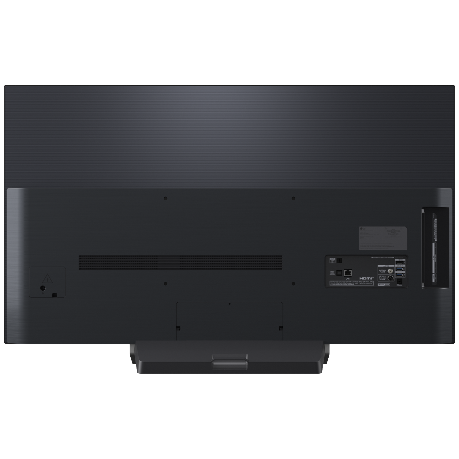Back view of a black television showing ports and ventilation slots.