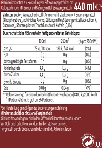 Nährwertangaben für ein Getränkekonzentrat von 440 ml. Zutaten und Zubereitungshinweise.