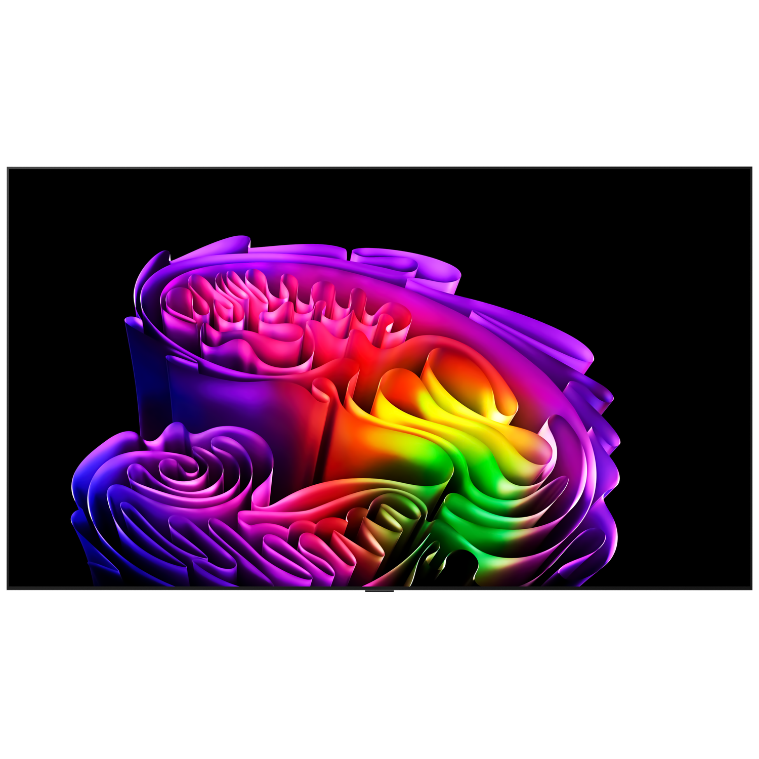 Abstract sculpture in rainbow colors against a black background.
