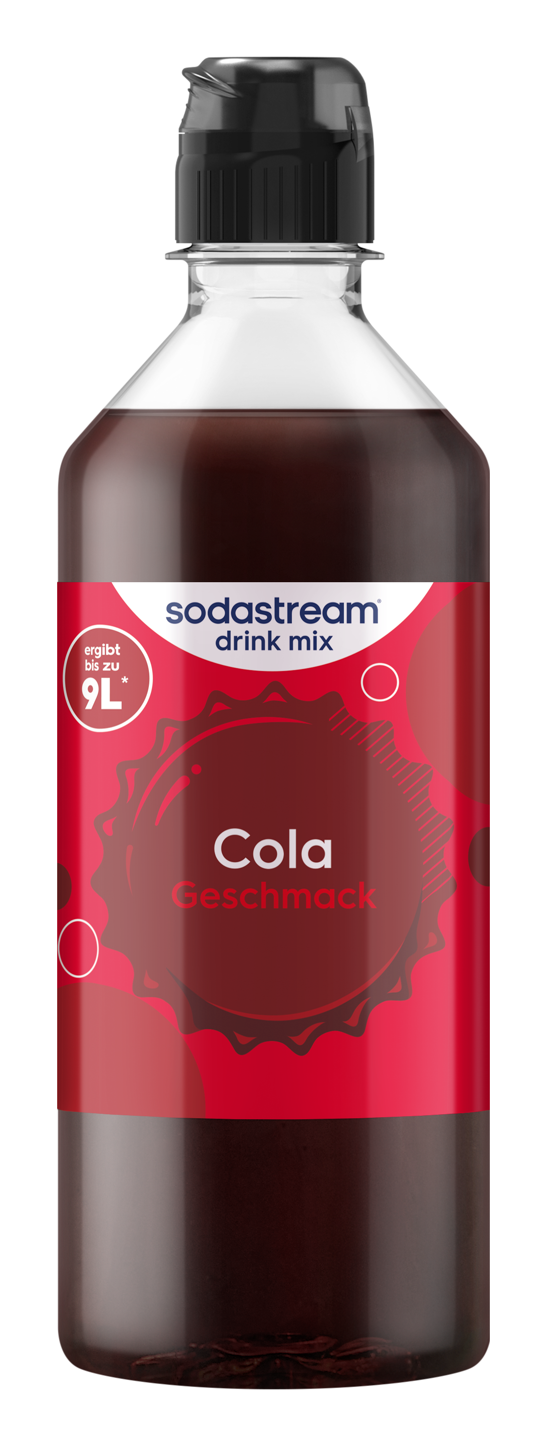 Eine Sodastream Cola-Geschmacksflasche mit schwarzem Deckel auf schwarzem Hintergrund.