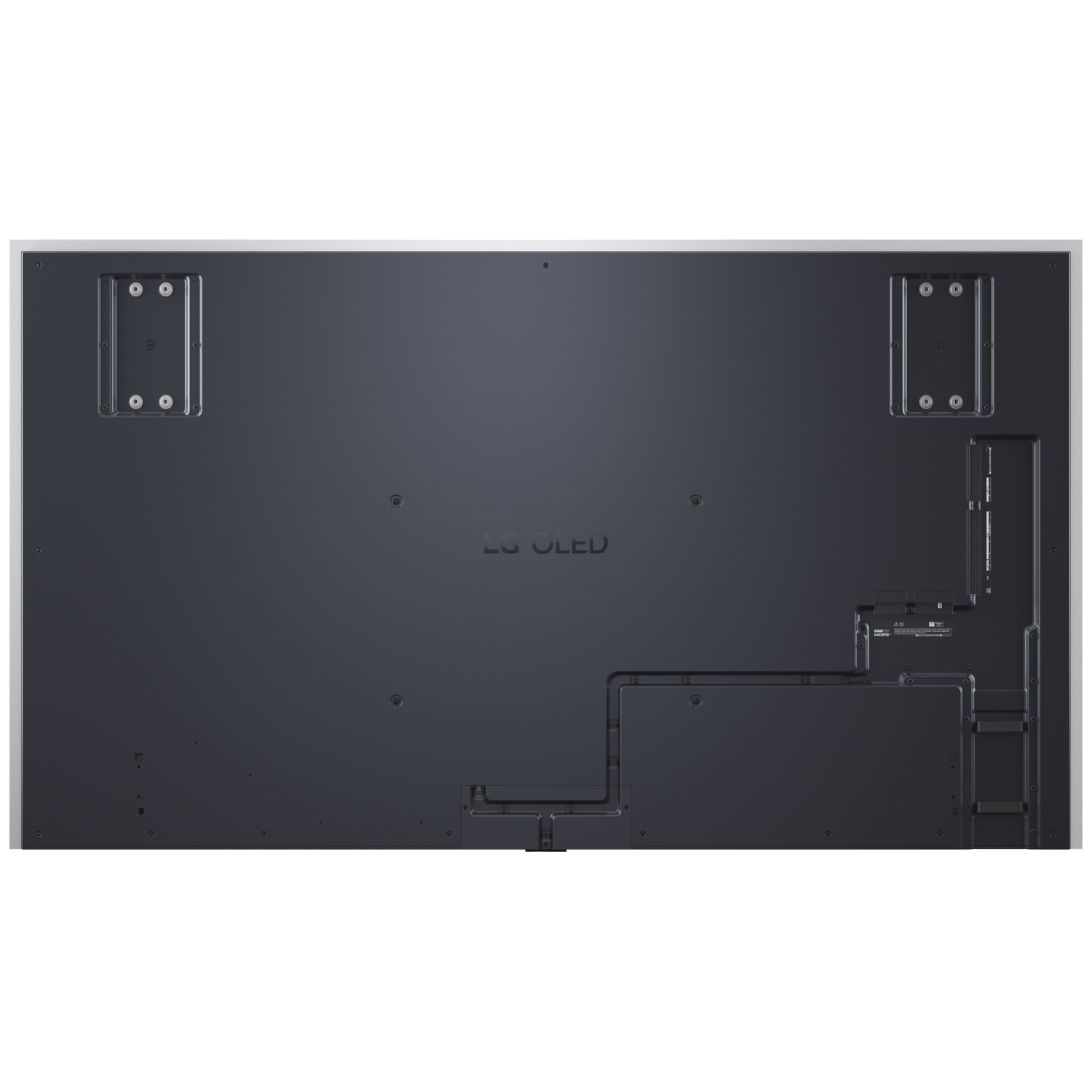 Back of an LG OLED TV showing ports and VESA mounting points.