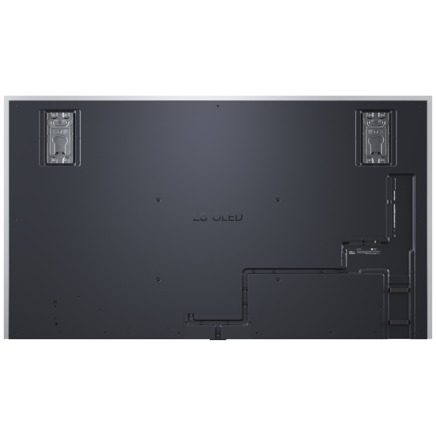 The back of an LG OLED TV, showing wall mount points and ports.